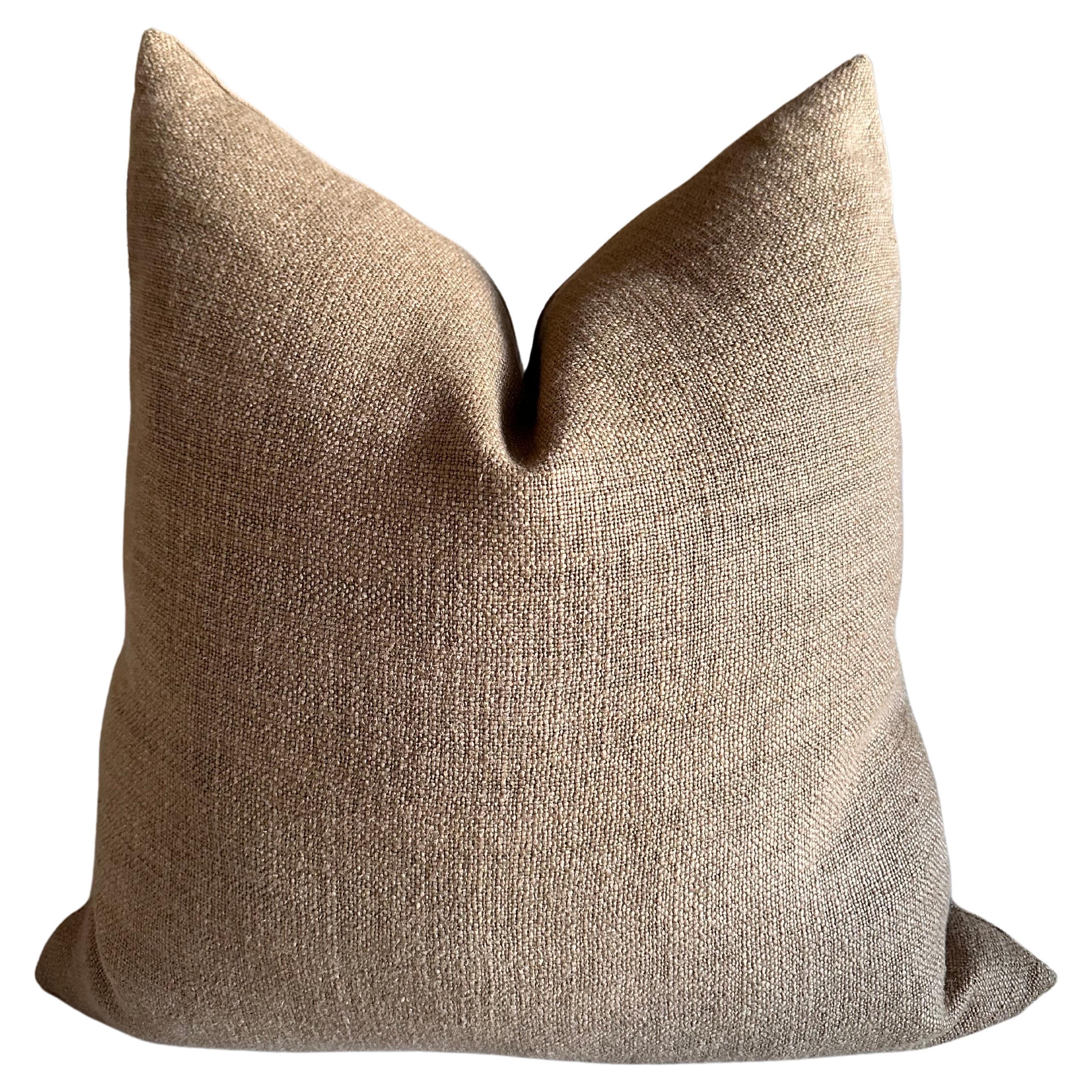French Linen Pillow with Down Feather Insert in Havane For Sale