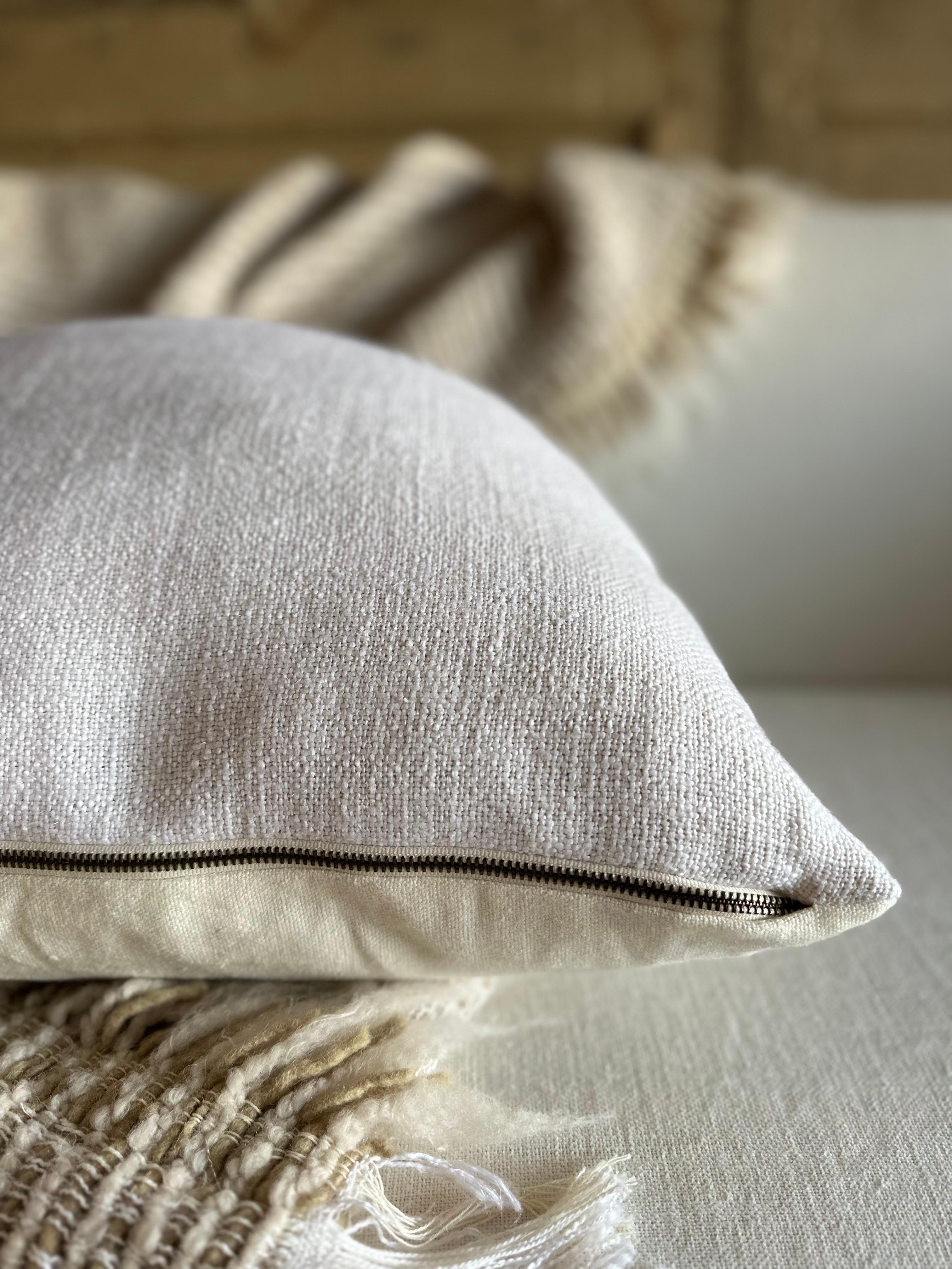 French Linen Textured Pillow in Blanc Oyster with Down Insert For Sale 1