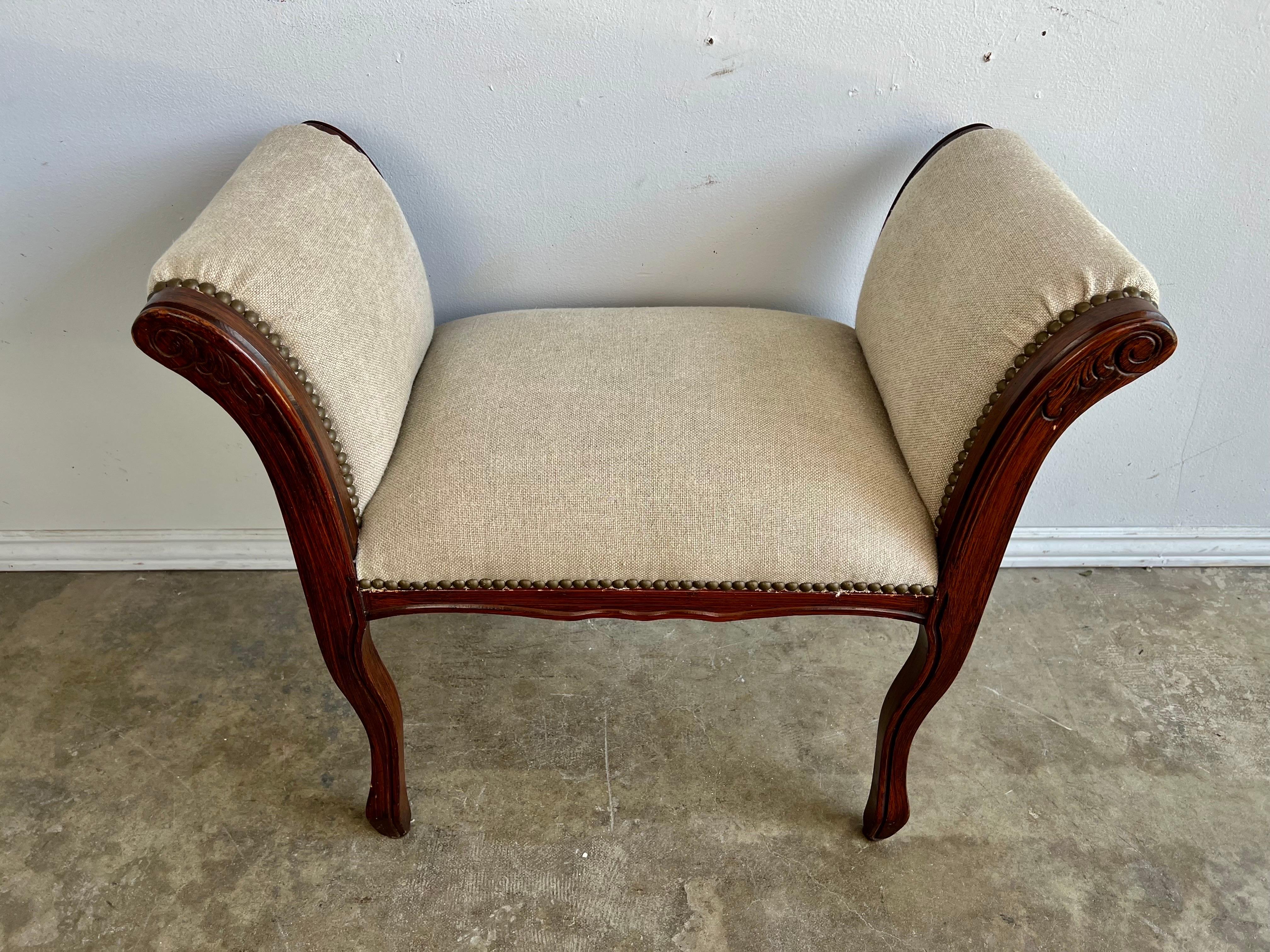 French Provincial French Linen Upholstered Bench C. 1940's For Sale