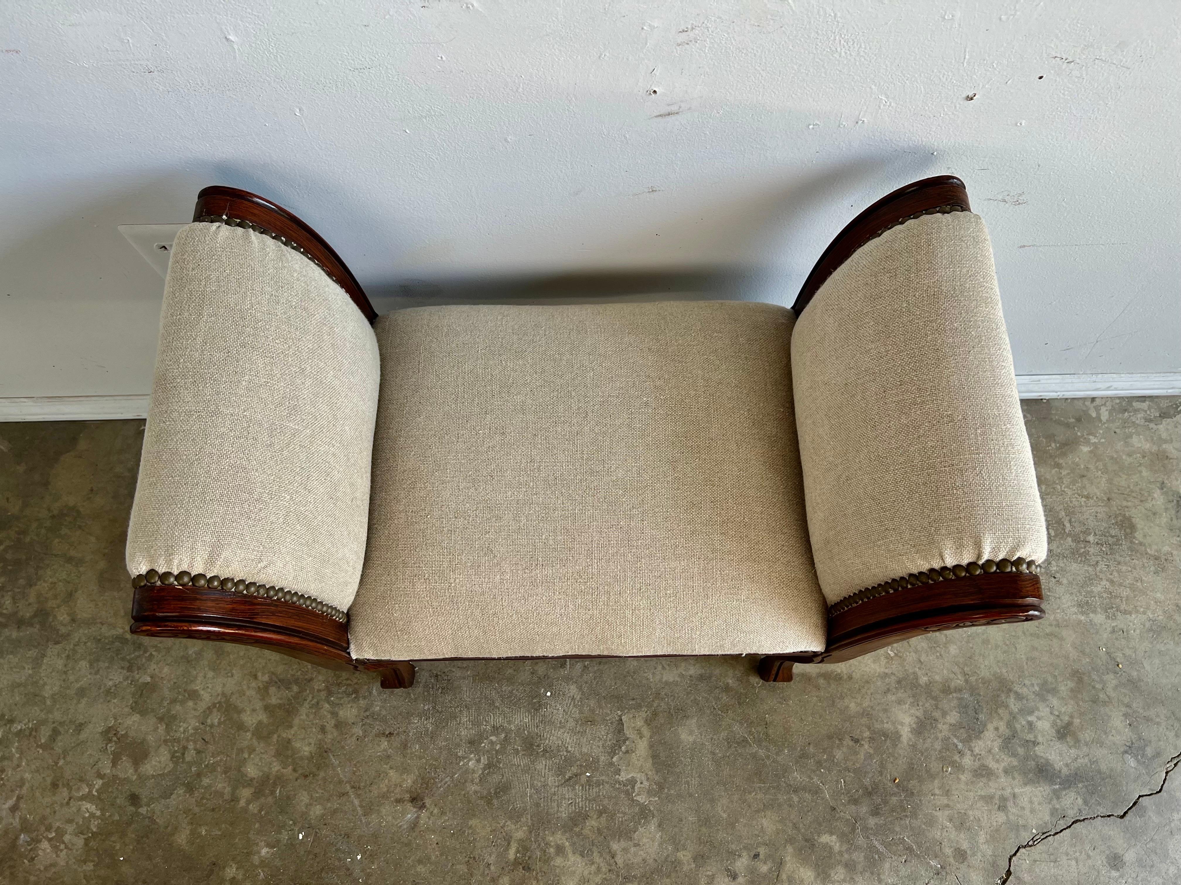 French Linen Upholstered Bench C. 1940's In Good Condition For Sale In Los Angeles, CA