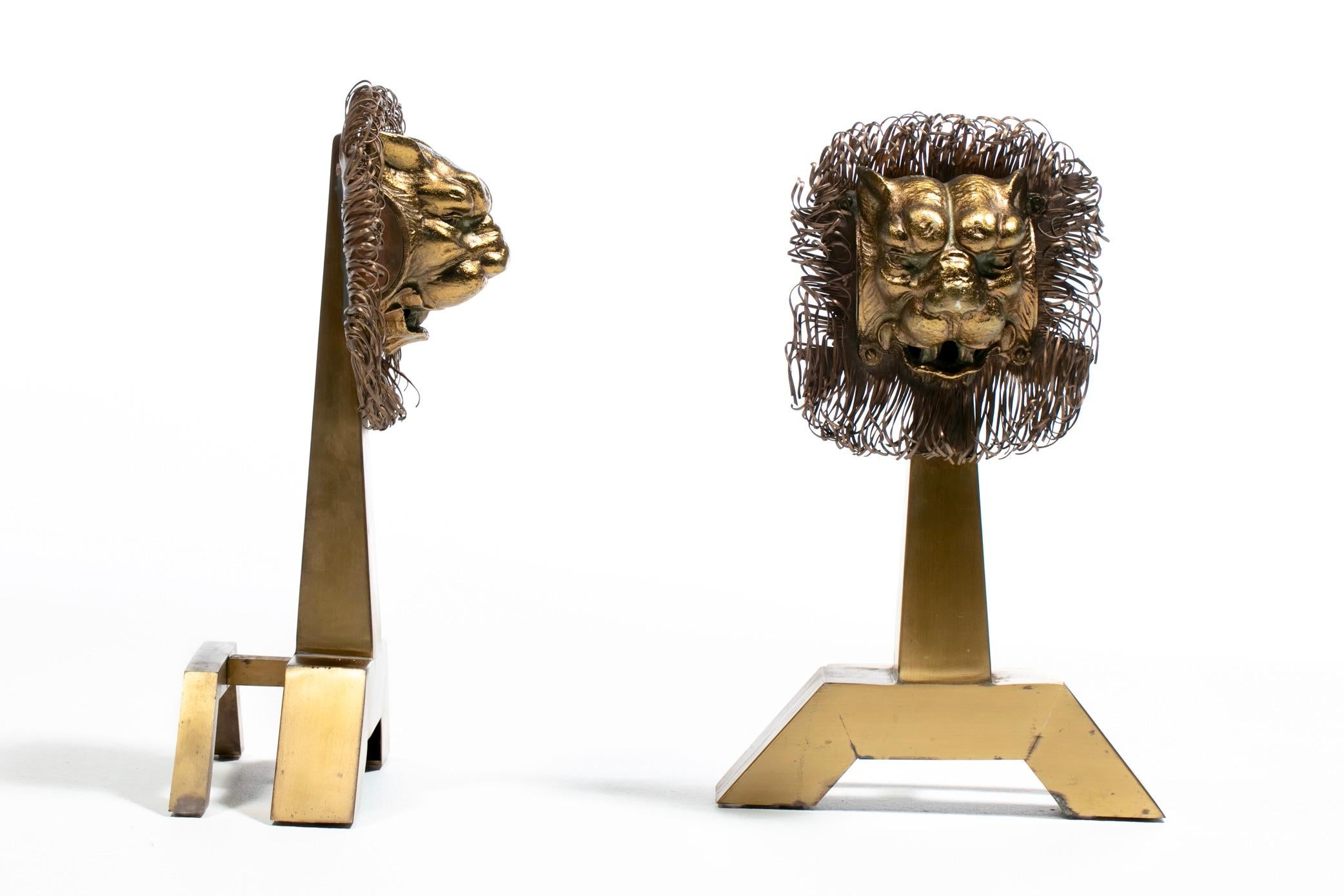 French Lions Brass Brutalist Fireplace Andirons Chenets c. 1960s For Sale 6
