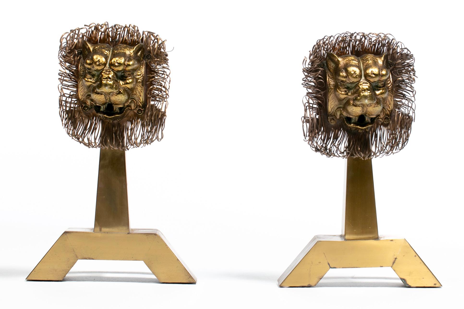 French Lions Brass Brutalist Fireplace Andirons Chenets c. 1960s For Sale 7