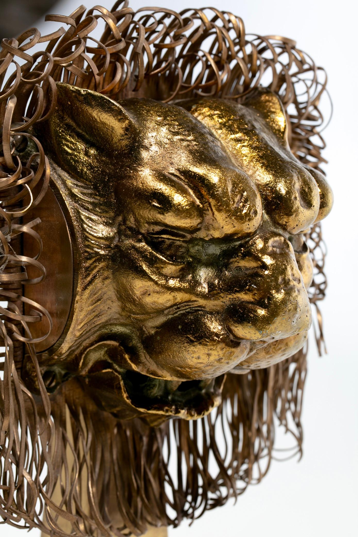 French Lions Brass Brutalist Fireplace Andirons Chenets c. 1960s In Good Condition For Sale In Saint Louis, MO