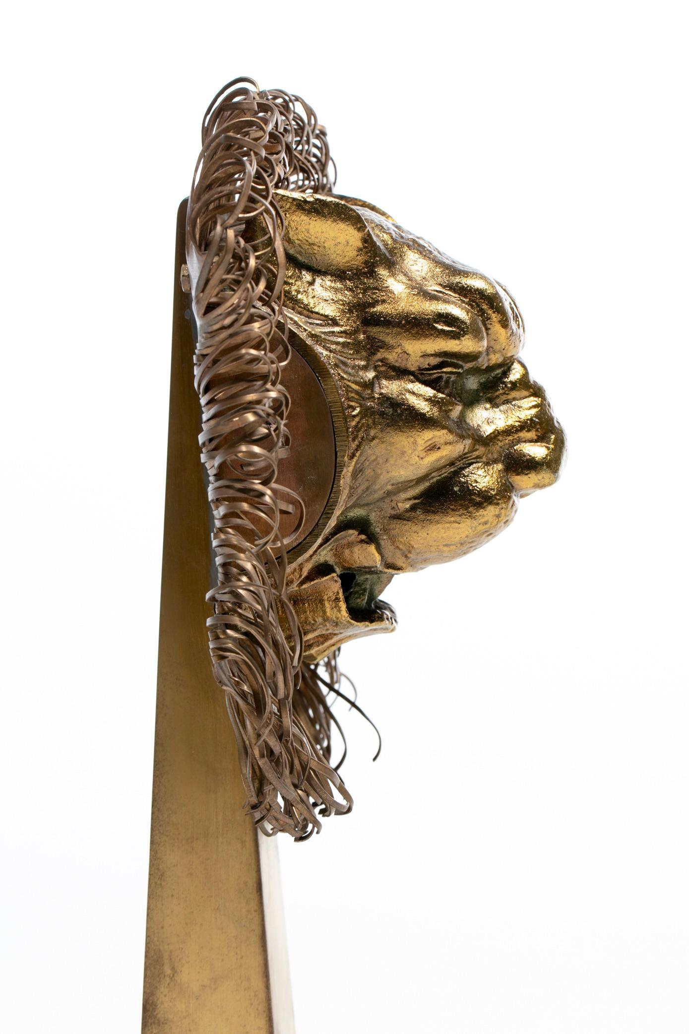 Mid-20th Century French Lions Brass Brutalist Fireplace Andirons Chenets c. 1960s For Sale