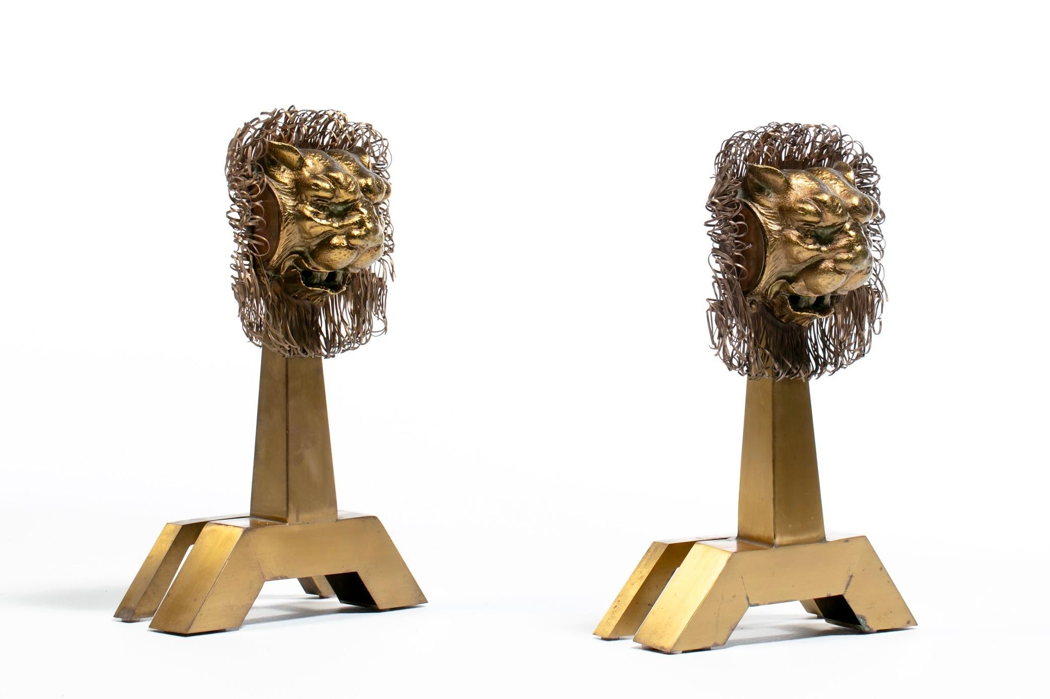 French Lions Brass Brutalist Fireplace Andirons Chenets c. 1960s For Sale 1