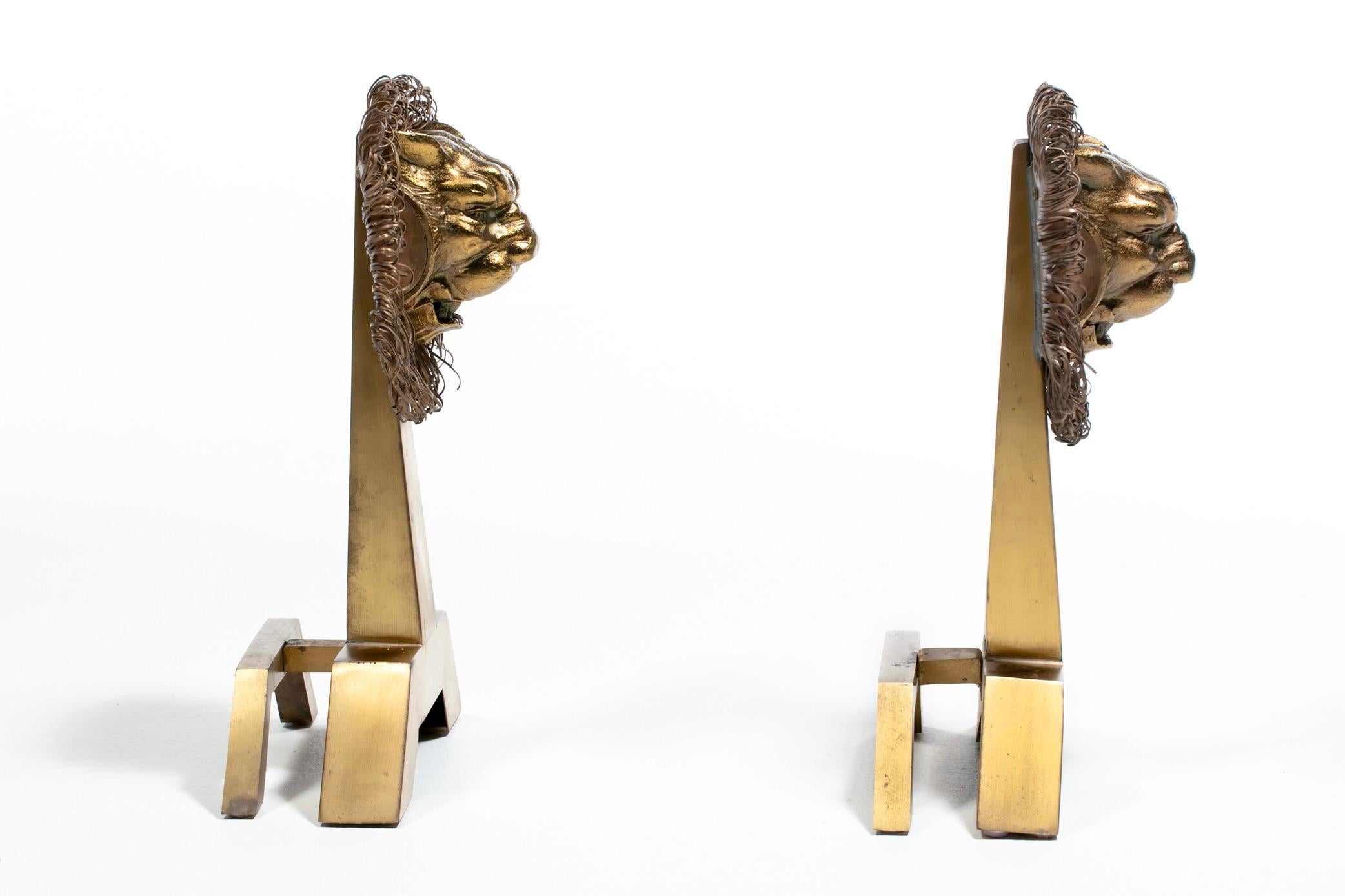French Lions Brass Brutalist Fireplace Andirons Chenets c. 1960s For Sale 2