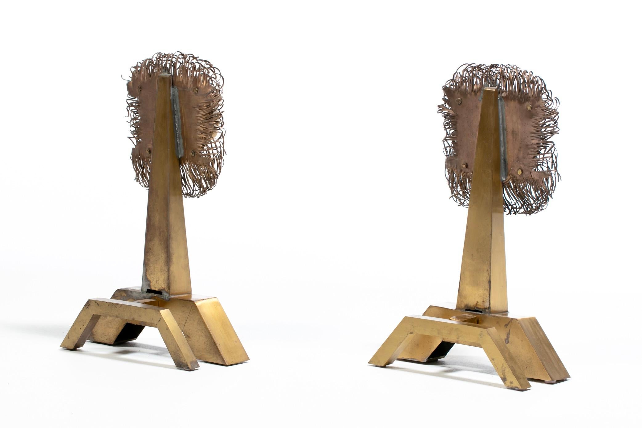 French Lions Brass Brutalist Fireplace Andirons Chenets c. 1960s For Sale 3