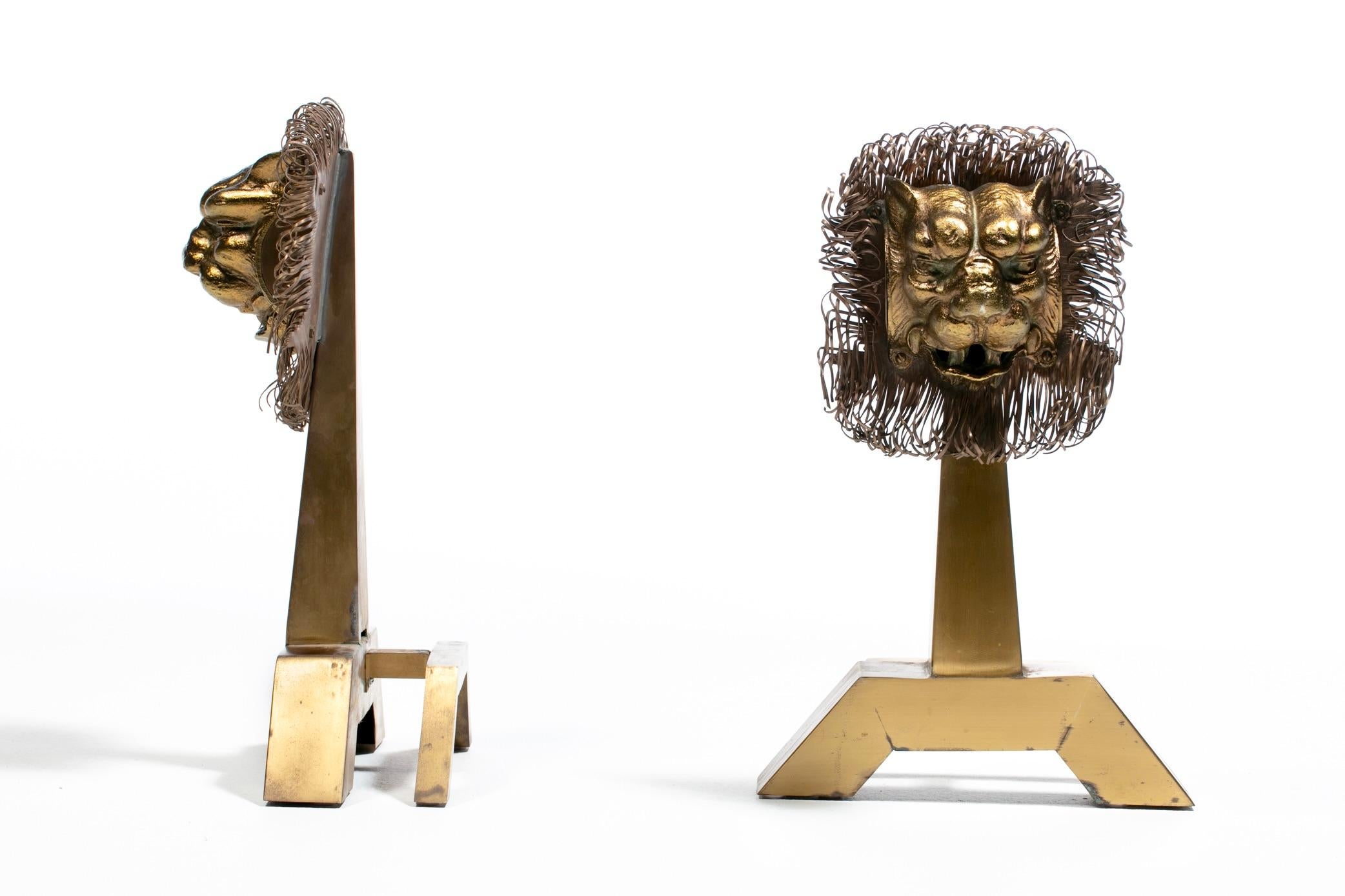 French Lions Brass Brutalist Fireplace Andirons Chenets c. 1960s For Sale 5
