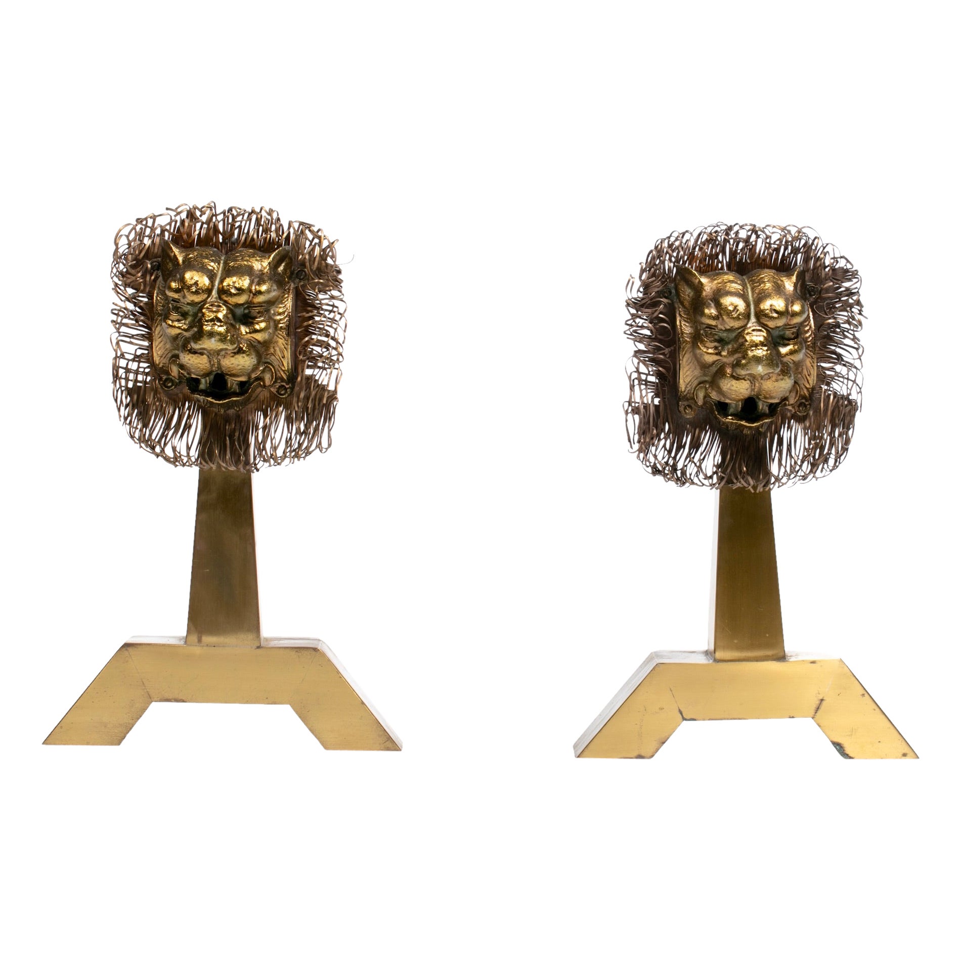 French Lions Brass Brutalist Fireplace Andirons Chenets c. 1960s For Sale