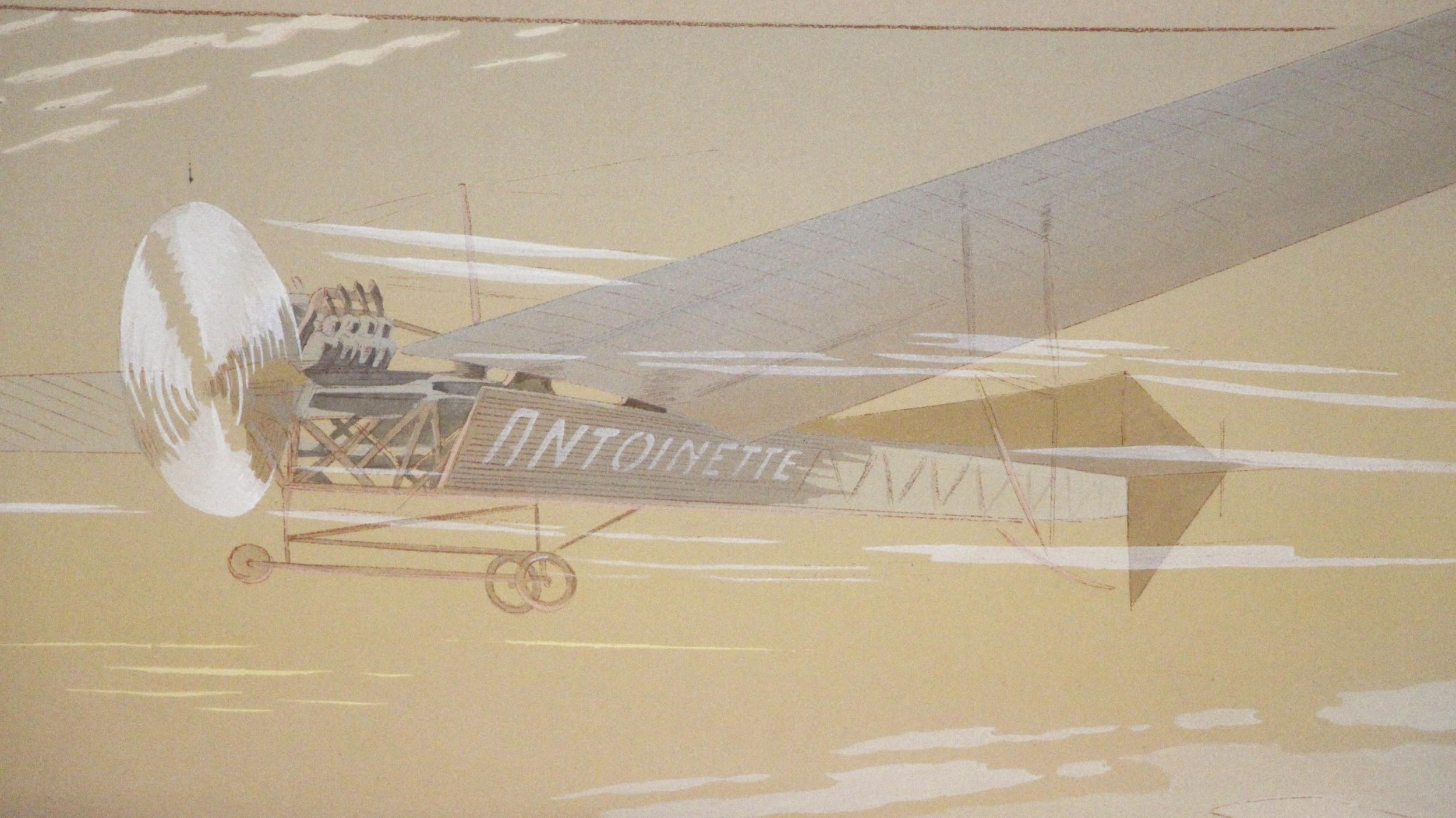 Français  Lithographie française Latham sur monoplane d'Antoinette encadrée, signée E. Montaut en vente