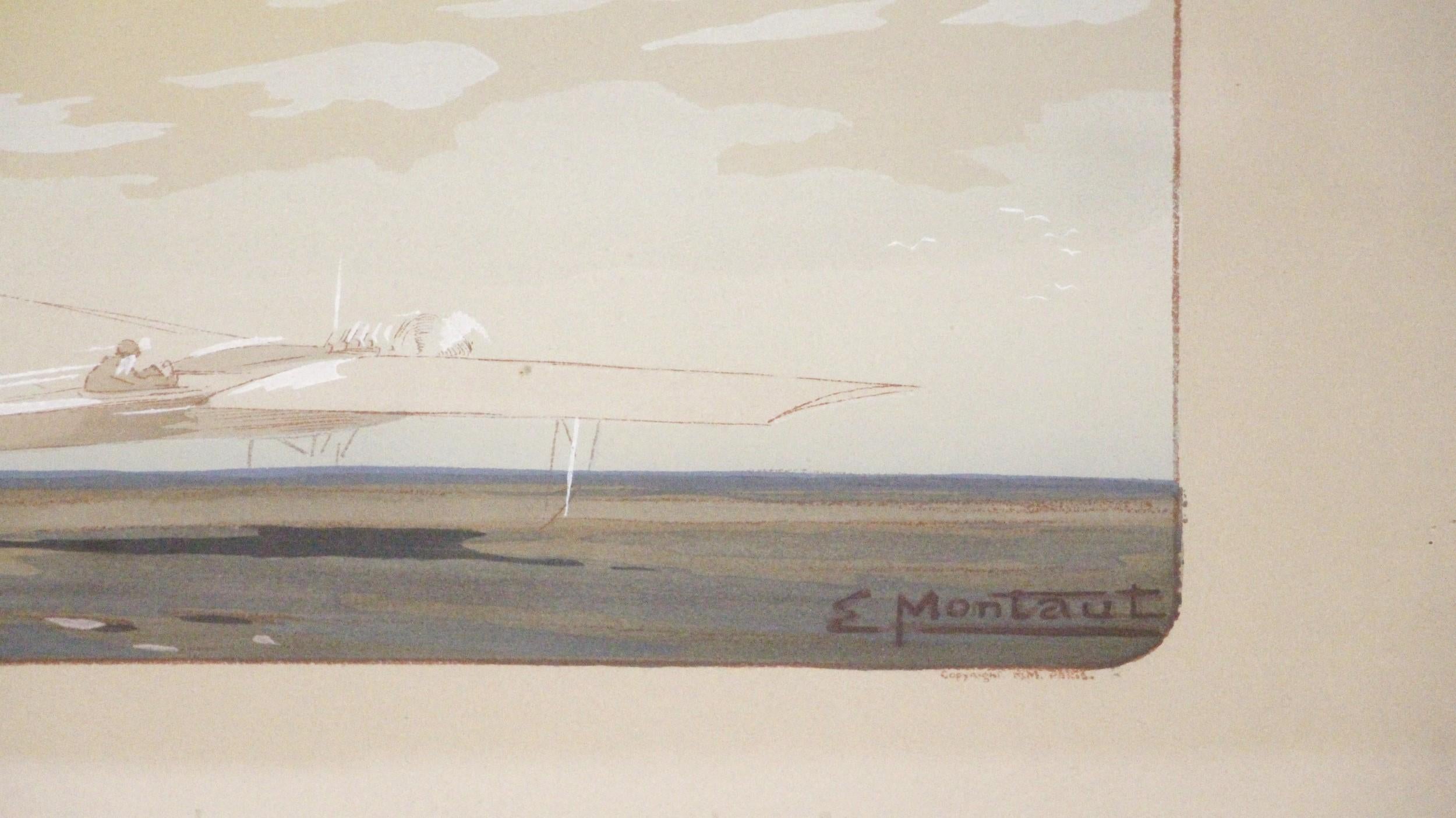 20ième siècle  Lithographie française Latham sur monoplane d'Antoinette encadrée, signée E. Montaut en vente
