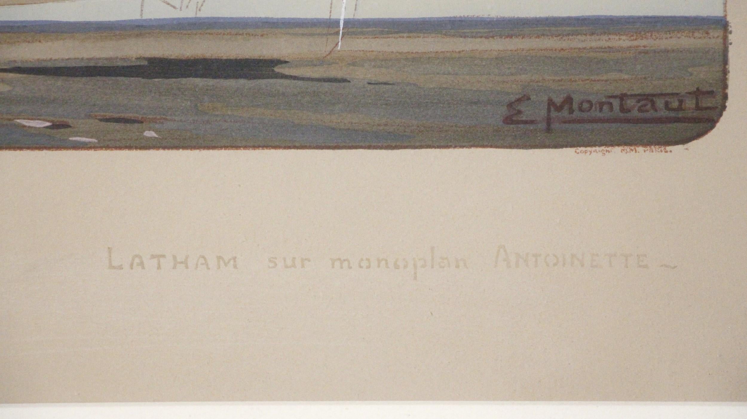 Verre  Lithographie française Latham sur monoplane d'Antoinette encadrée, signée E. Montaut en vente