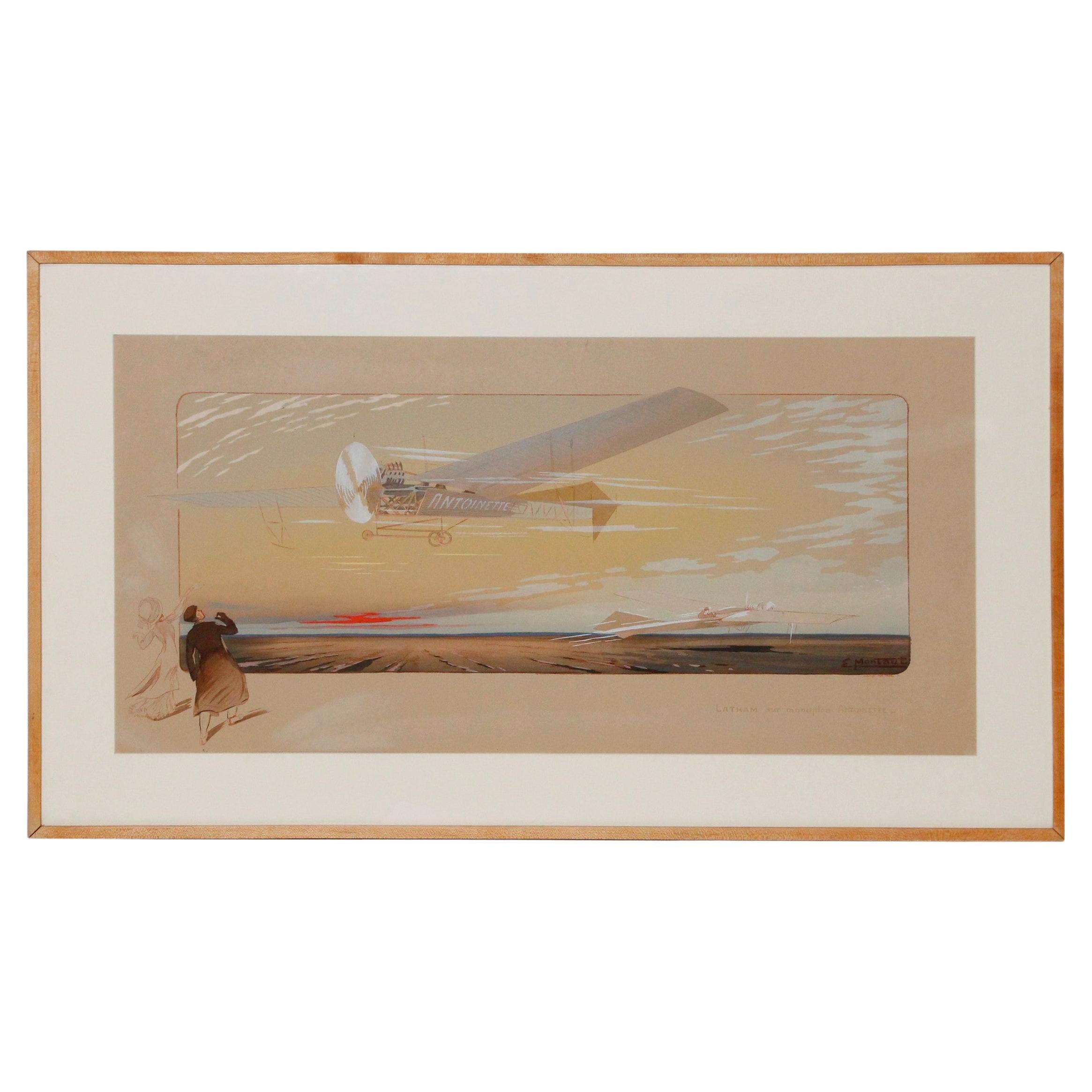  Lithographie française Latham sur monoplane d'Antoinette encadrée, signée E. Montaut en vente