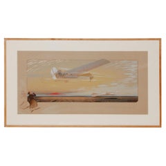  French Lithograph Latham on Antoinette Monoplane Framed Signed E. Montaut