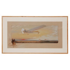 Antique  French Lithograph Latham on Antoinette Monoplane Framed Signed E. Montaut