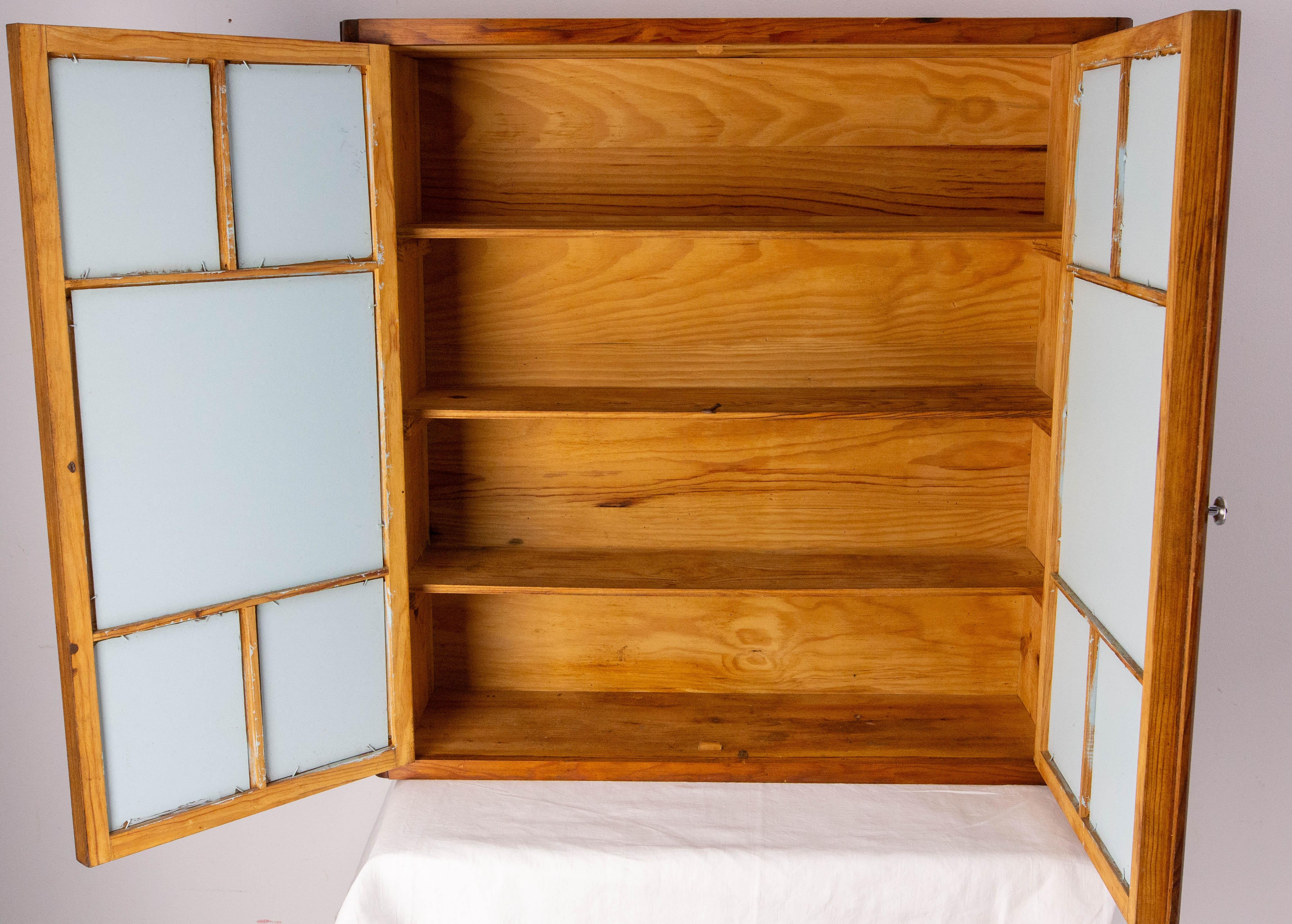French Little Armoire with Two Doors Pine & Painted Glass Wall Cabinet, c 1950 For Sale 6
