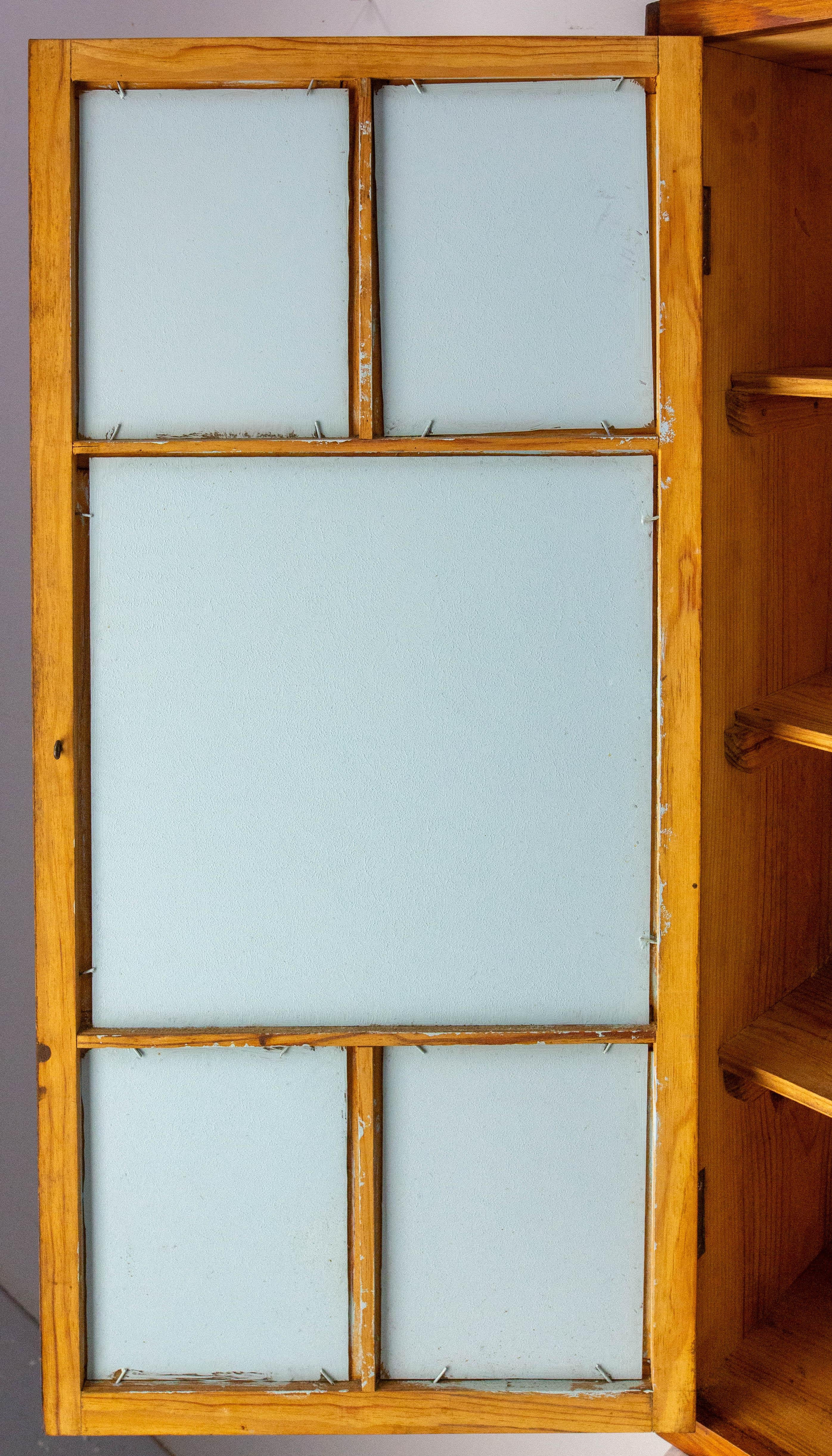 French Little Armoire with Two Doors Pine & Painted Glass Wall Cabinet, c 1950 For Sale 7