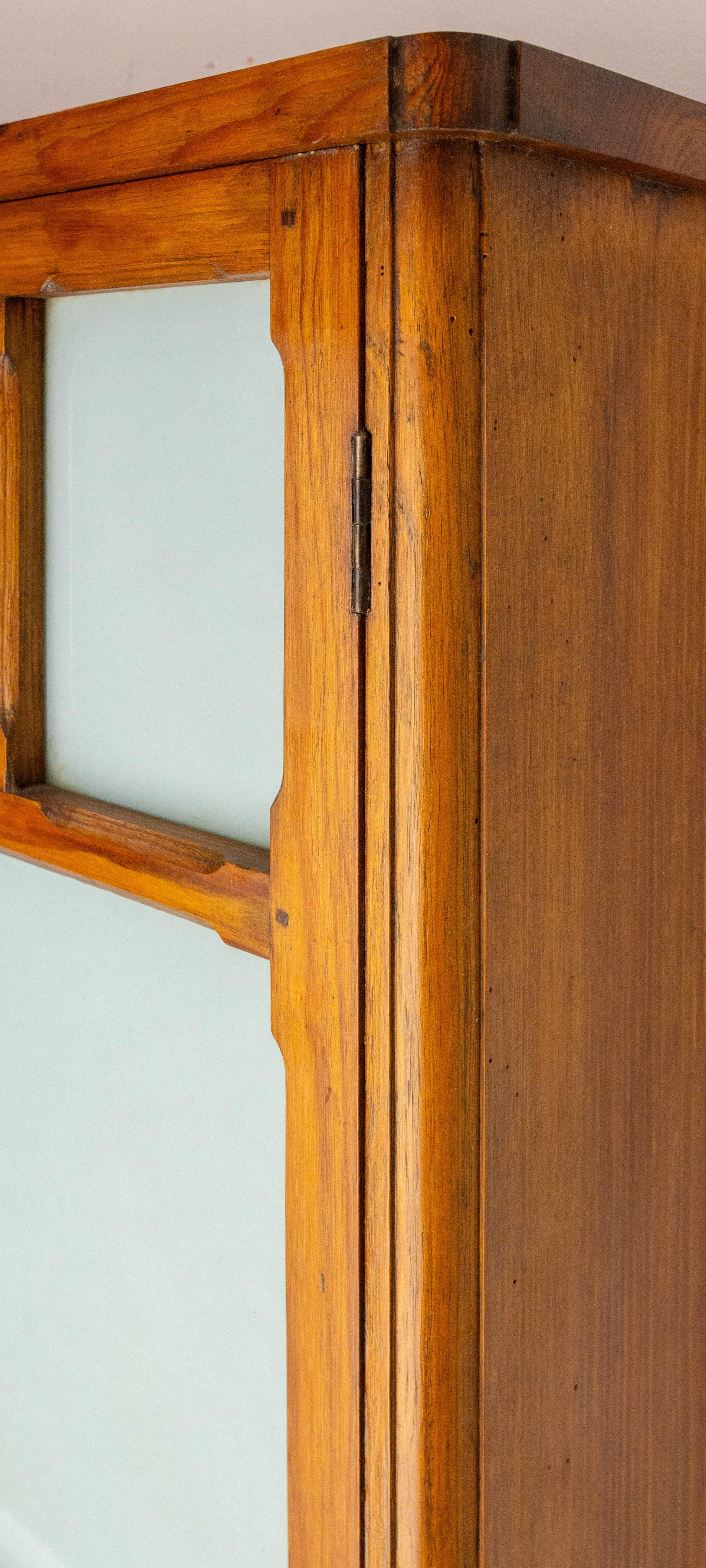 French Little Armoire with Two Doors Pine & Painted Glass Wall Cabinet, c 1950 For Sale 10