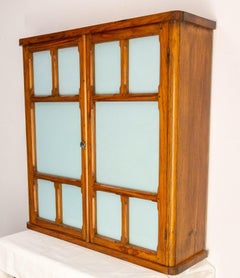 French Little Armoire with Two Doors Pine & Painted Glass Wall Cabinet, c 1950