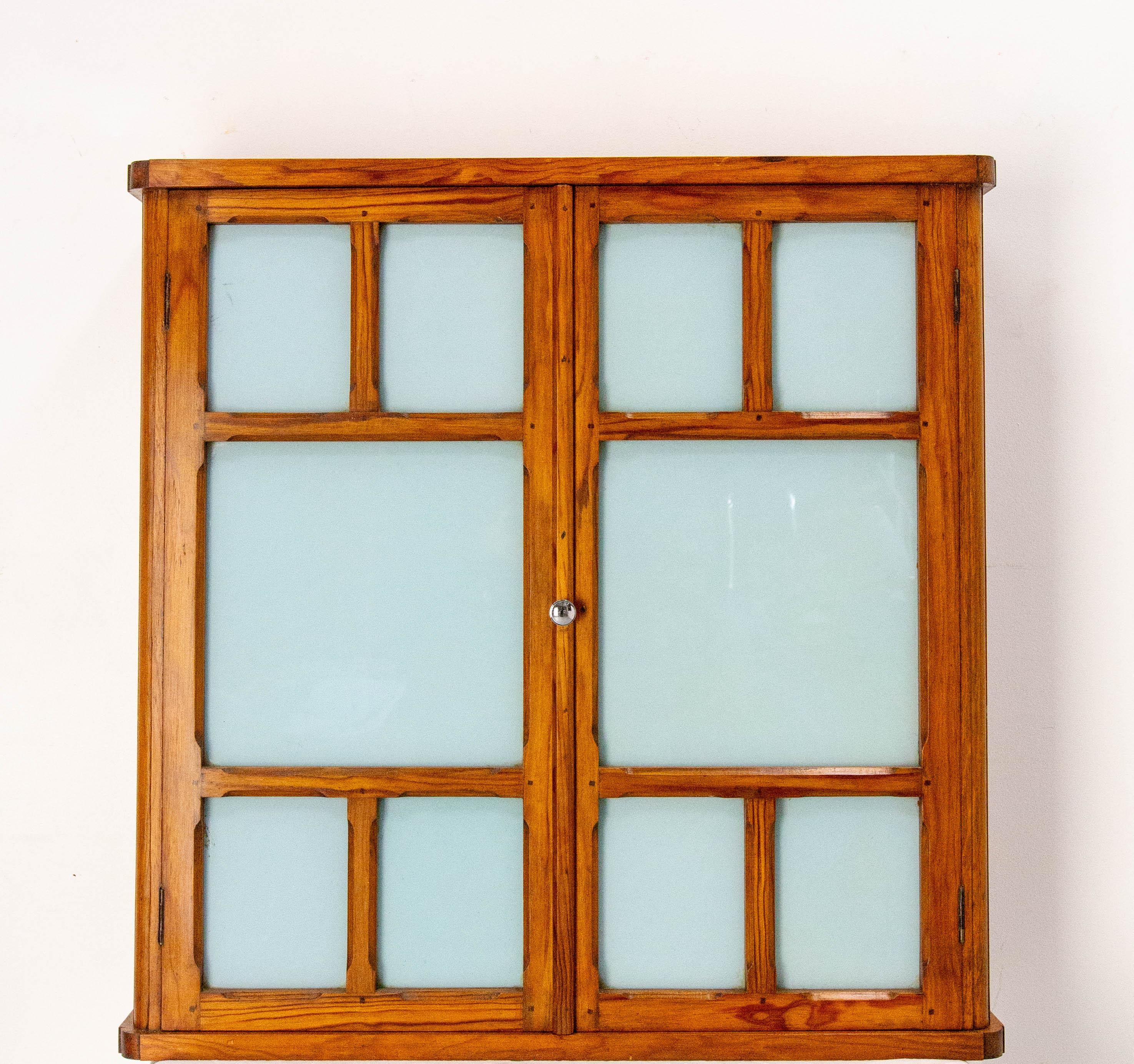 Mid-Century Modern French Little Armoire with Two Doors Pine & Painted Glass Wall Cabinet, c 1950 For Sale