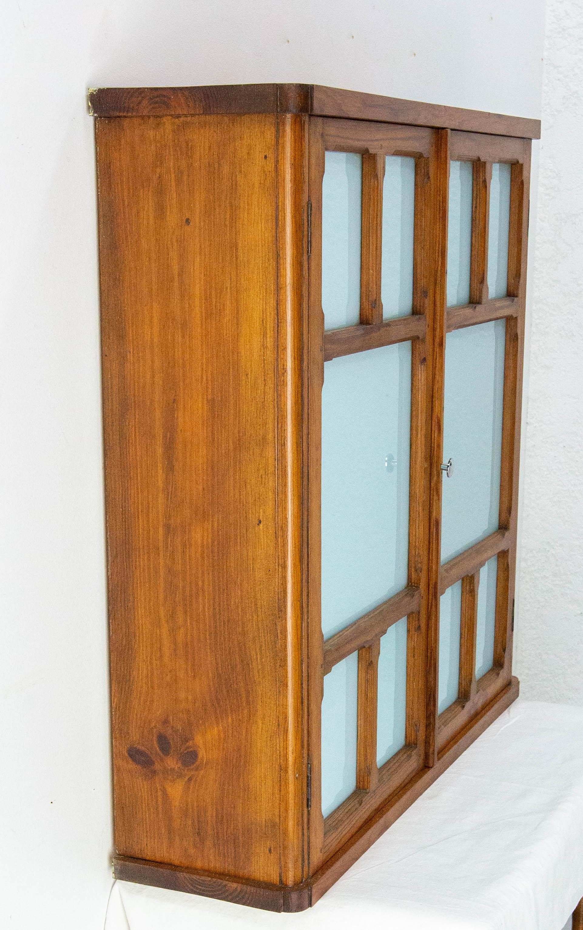 French Little Armoire with Two Doors Pine & Painted Glass Wall Cabinet, c 1950 In Good Condition For Sale In Labrit, Landes