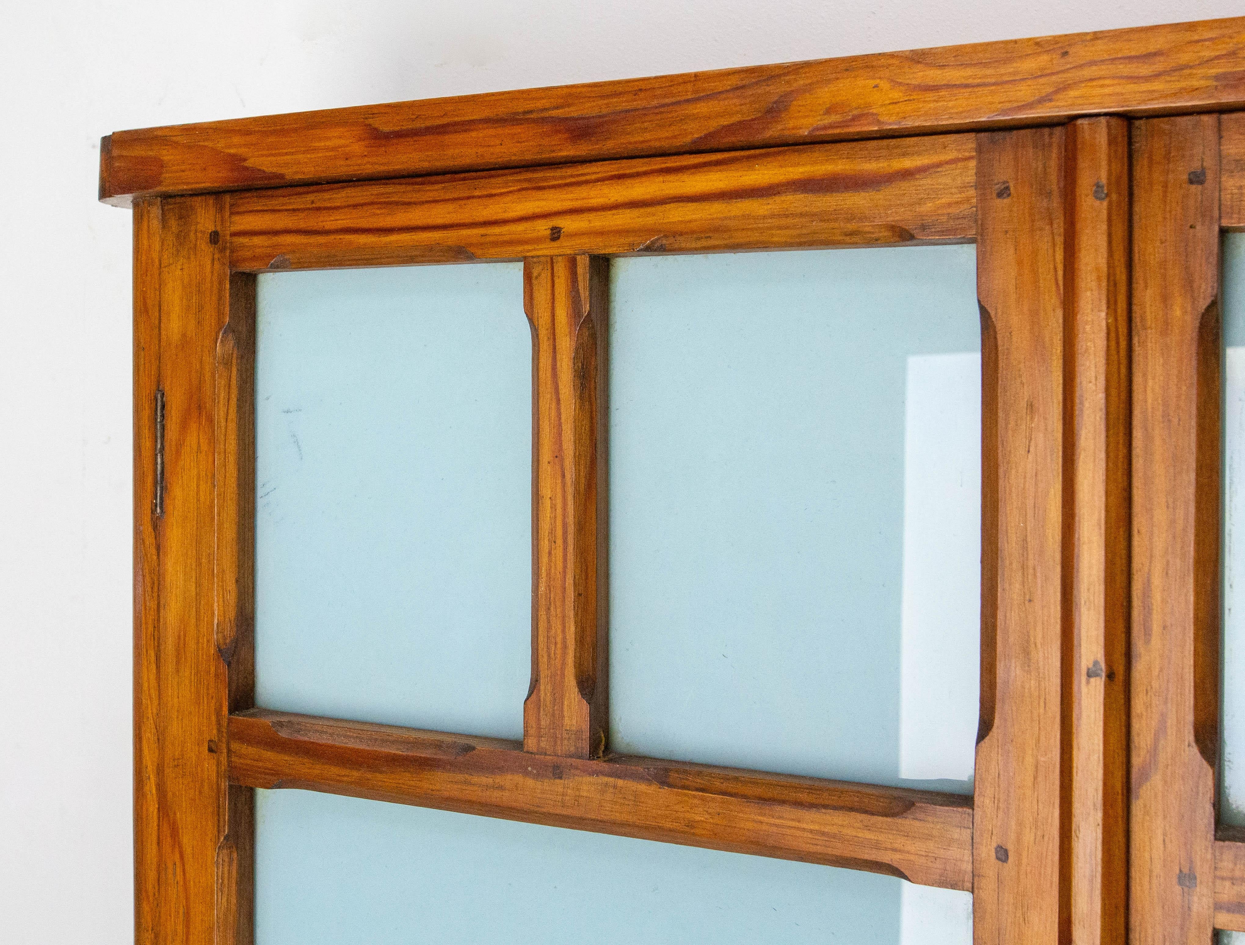 Mid-20th Century French Little Armoire with Two Doors Pine & Painted Glass Wall Cabinet, c 1950 For Sale