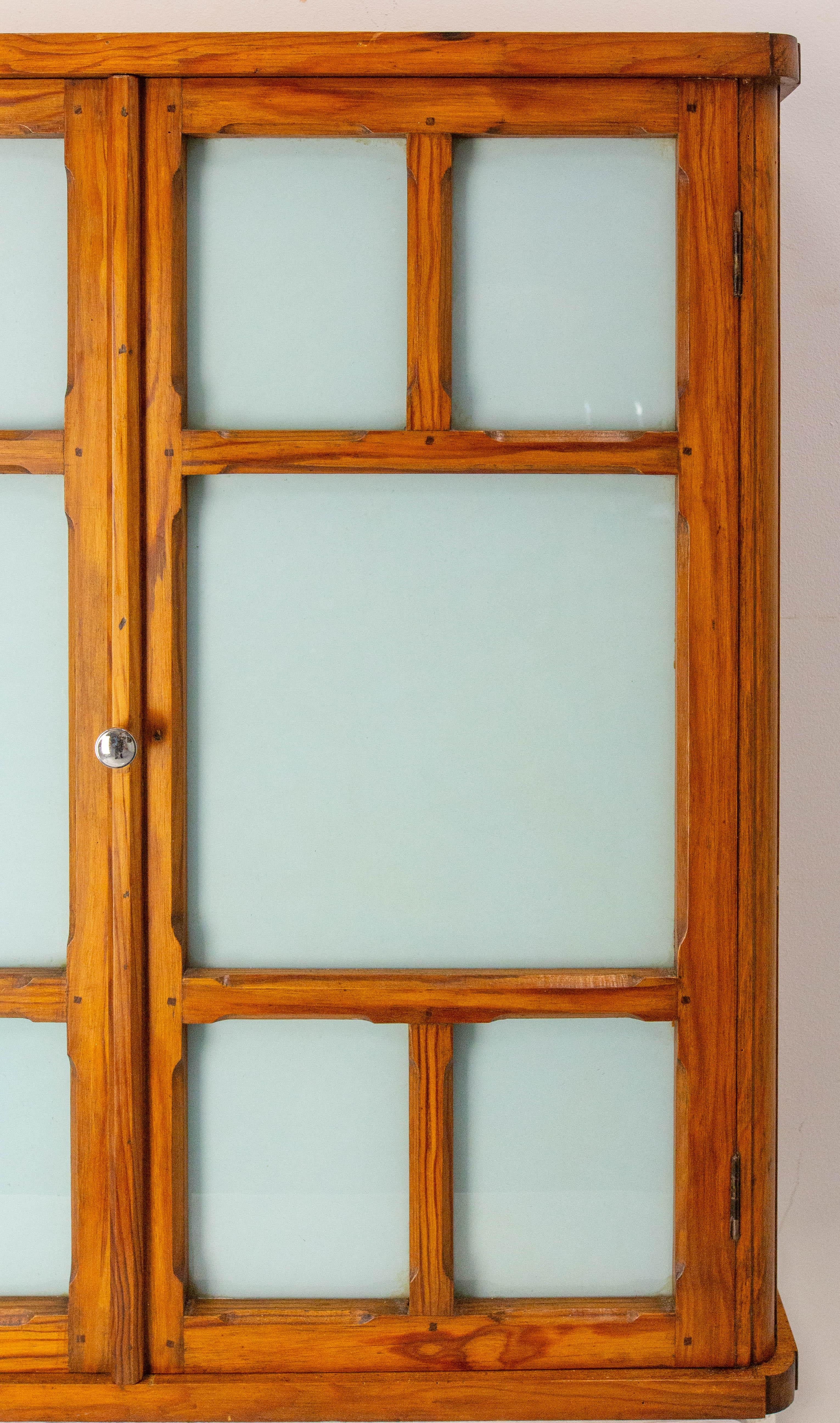 French Little Armoire with Two Doors Pine & Painted Glass Wall Cabinet, c 1950 For Sale 3