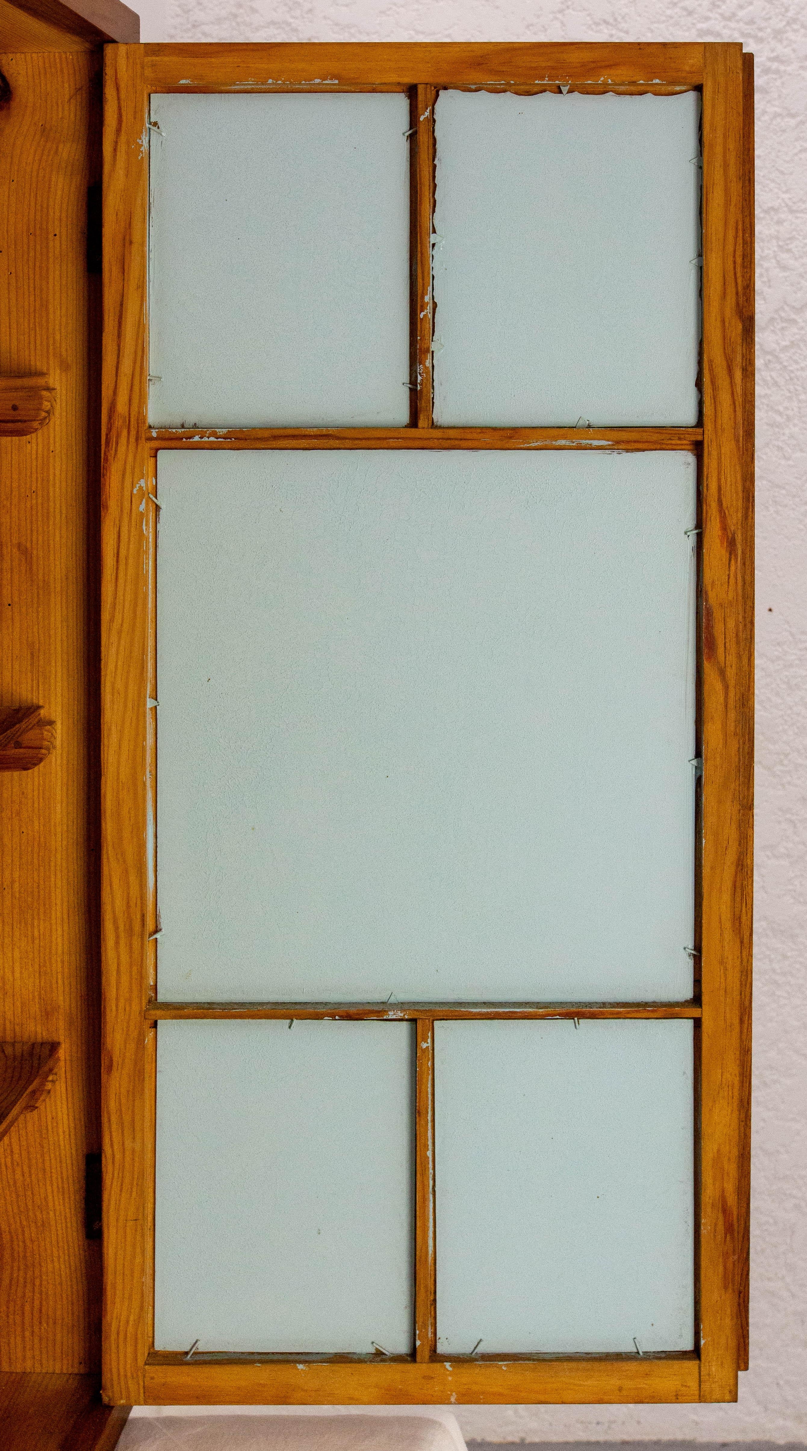 French Little Armoire with Two Doors Pine & Painted Glass Wall Cabinet, c 1950 For Sale 4