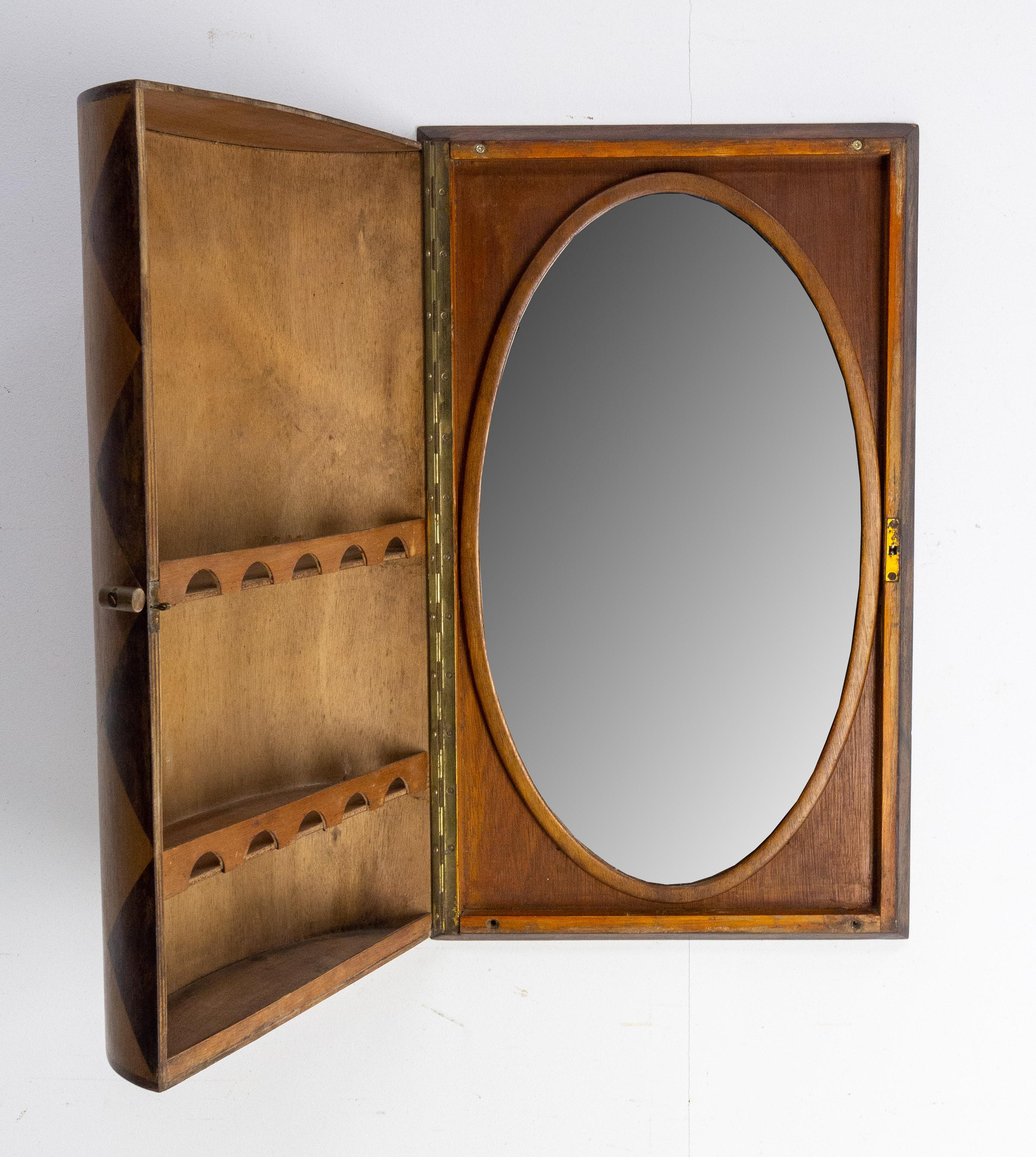Mid-Century Modern French Little Marquetry Armoire with Mirror or Wall Cabinet, circa 1950