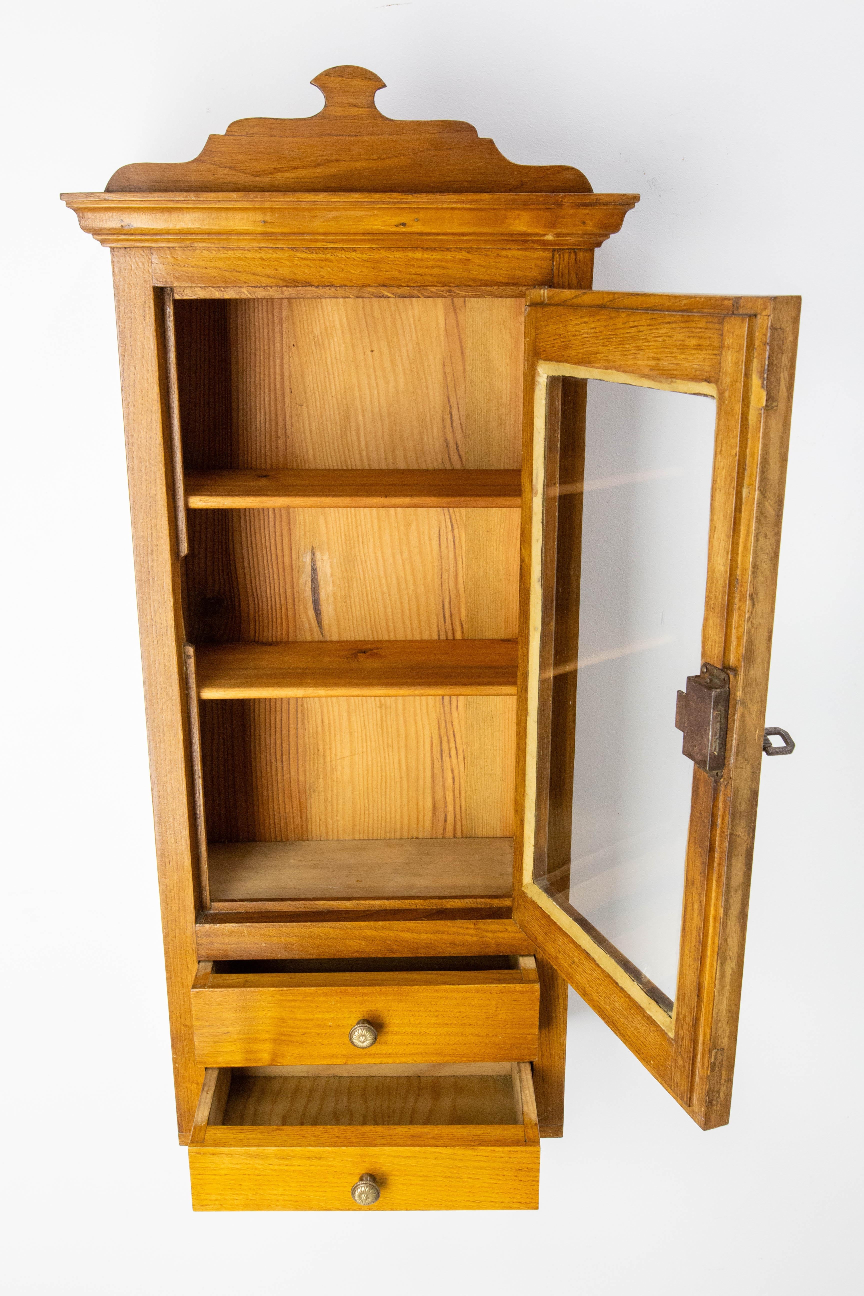 French Little Vitrine with Two Drawers or Pine Wall Cabinet, Early 20th Century 1