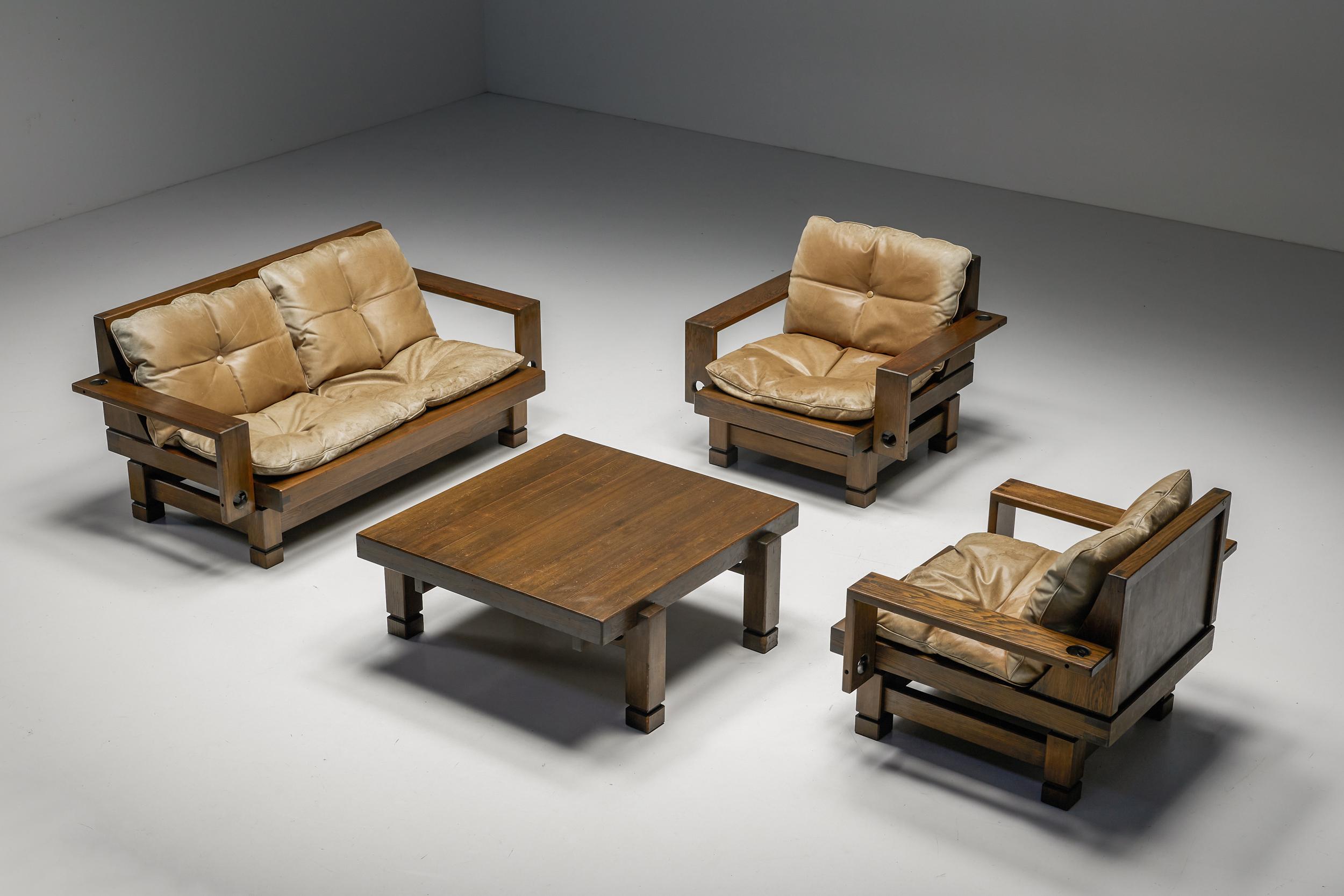 Mid-Century Modern French Living Room Set with Leather Cushions, 1960s