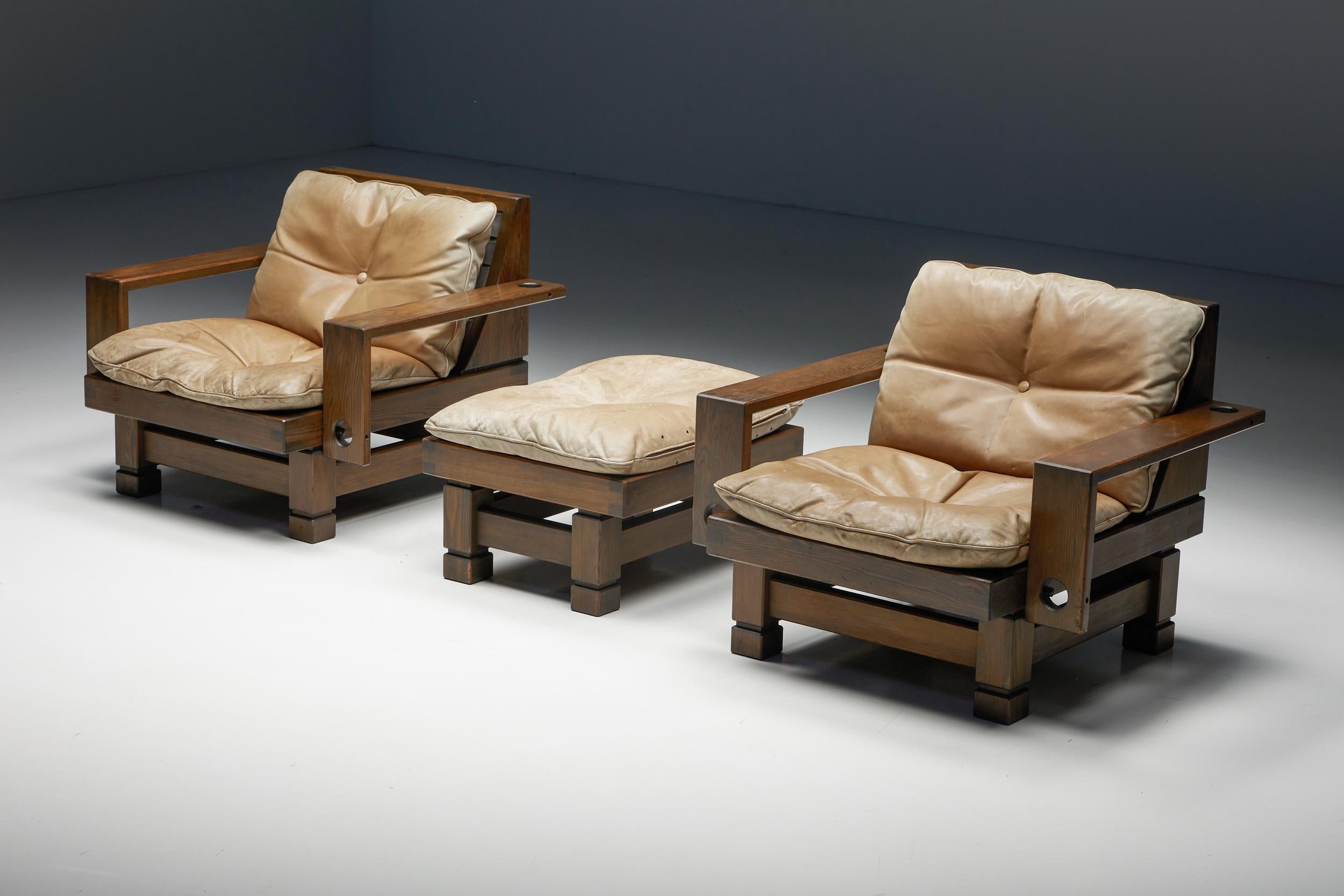 Mid-20th Century French Living Room Set with Leather Cushions, 1960s