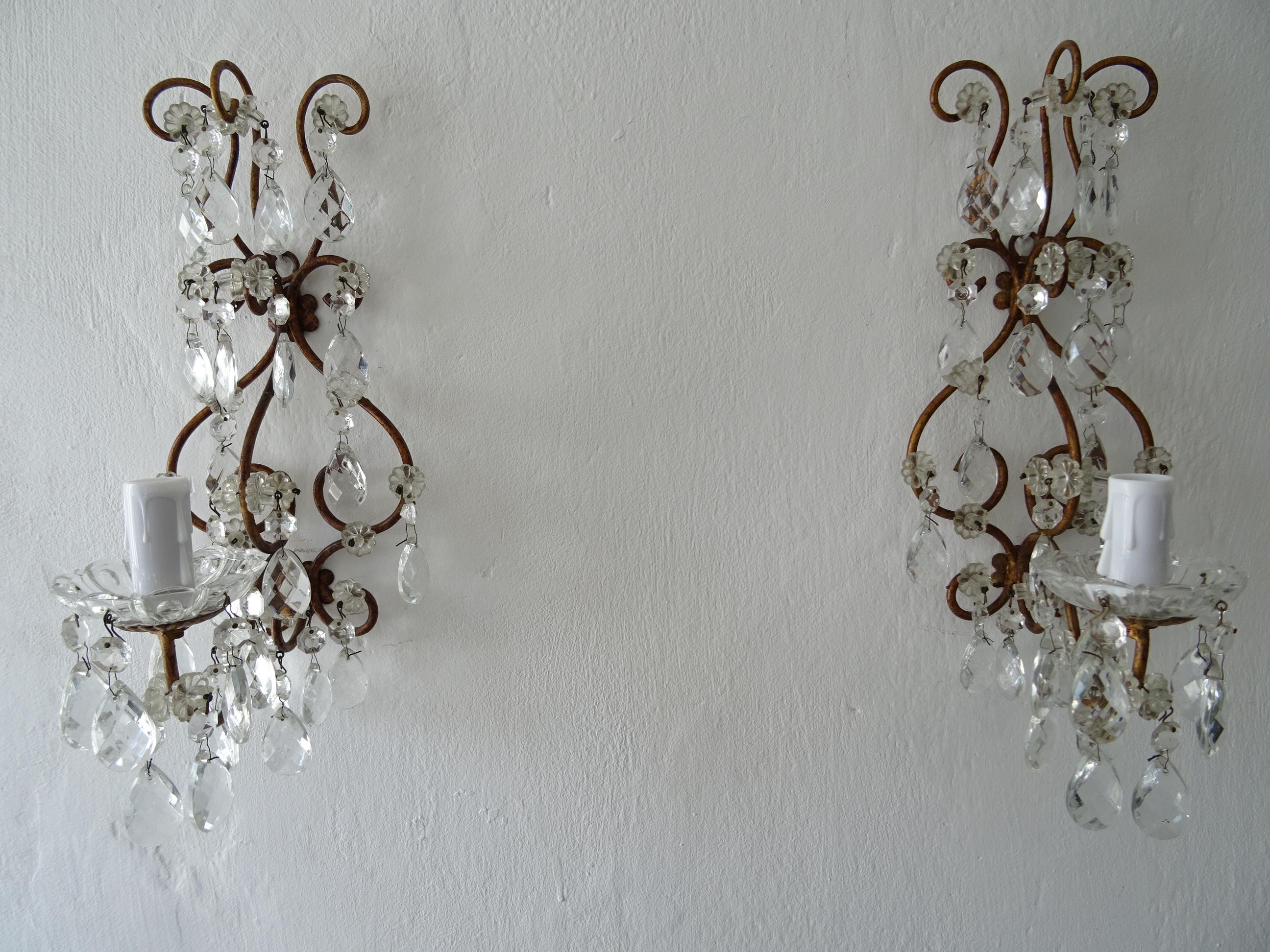 French Loaded Crystal Prisms Sconces, c 1920 For Sale 7