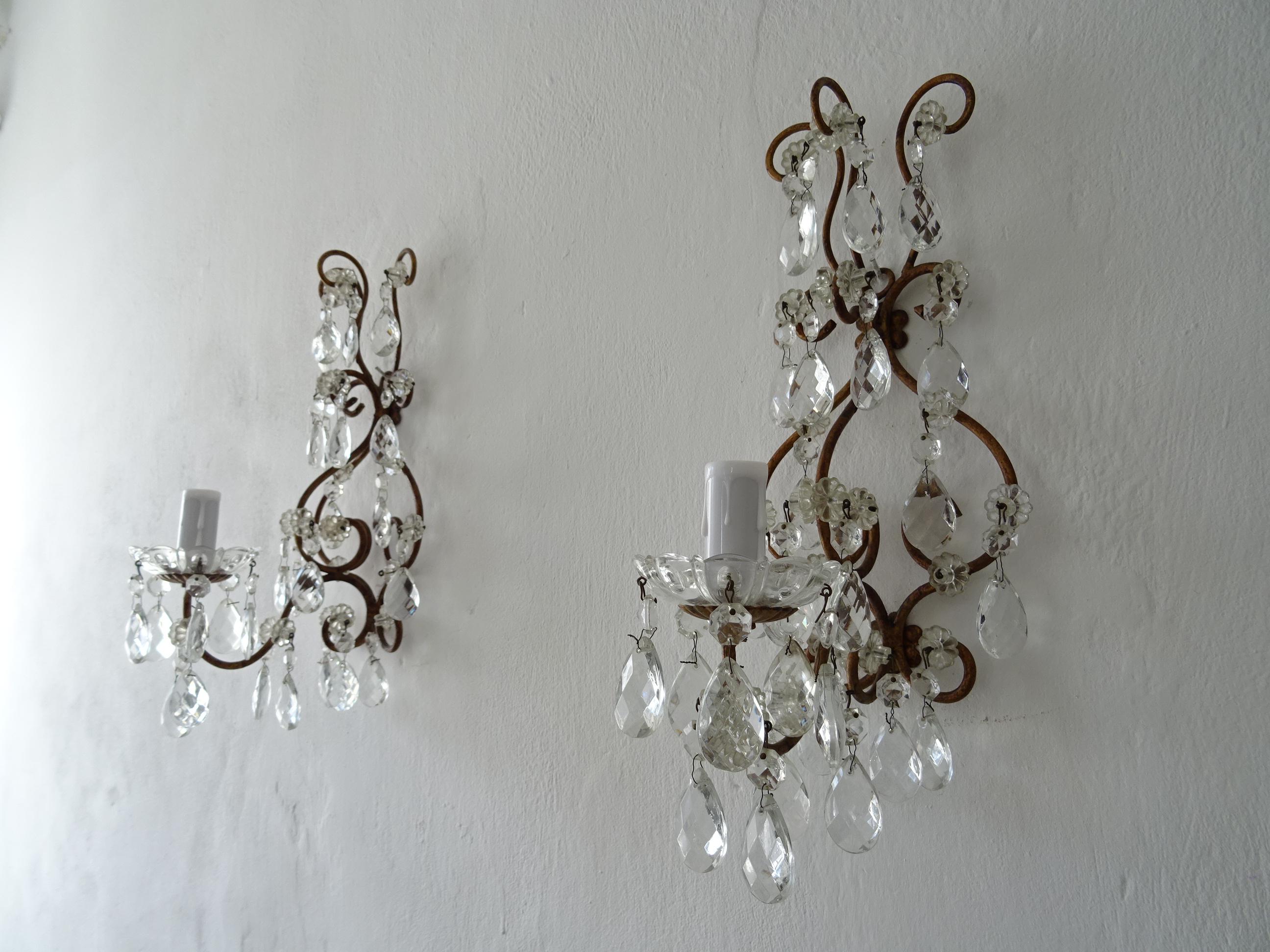Early 20th Century French Loaded Crystal Prisms Sconces, c 1920 For Sale