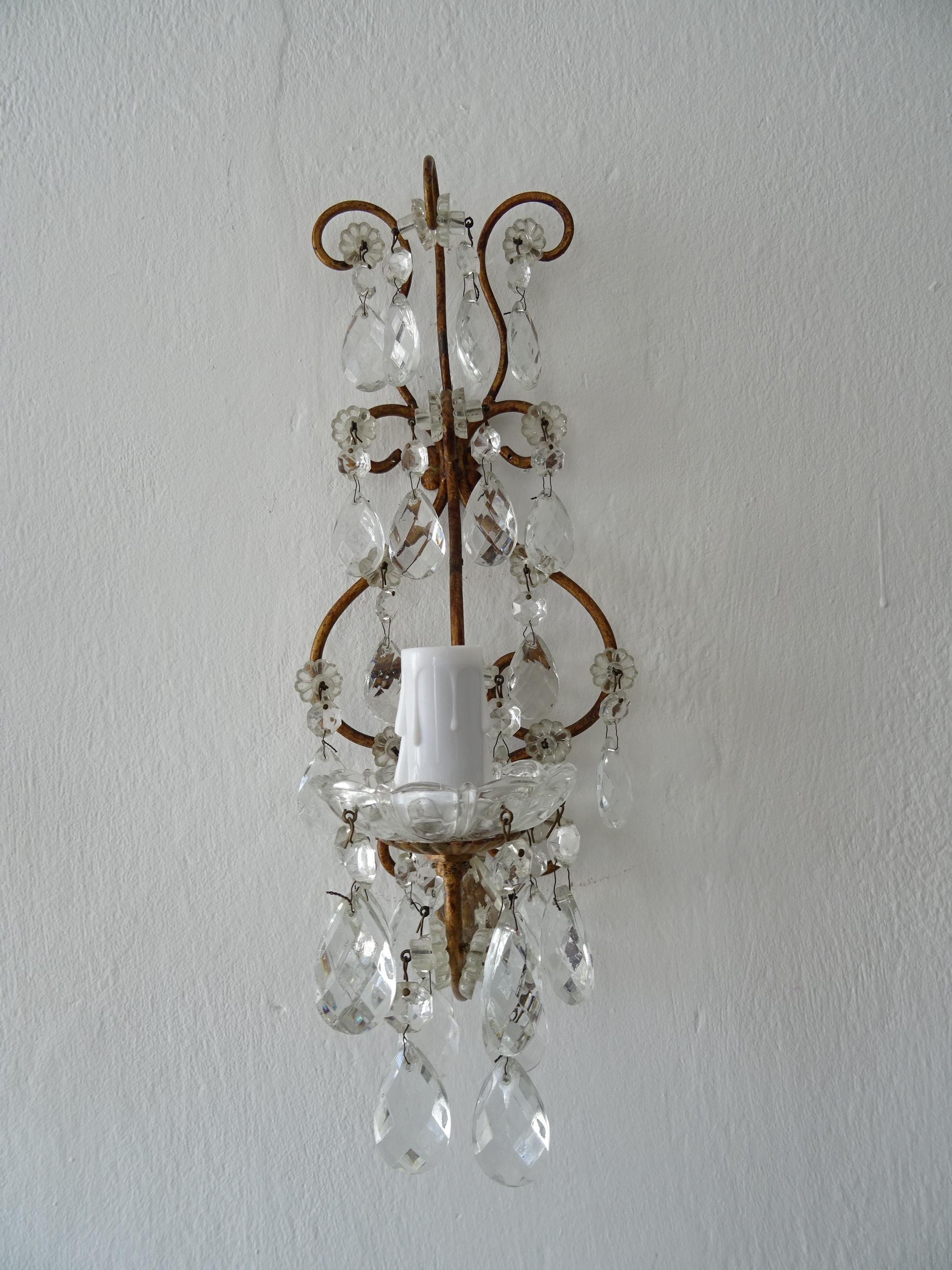 French Loaded Crystal Prisms Sconces, c 1920 For Sale 1