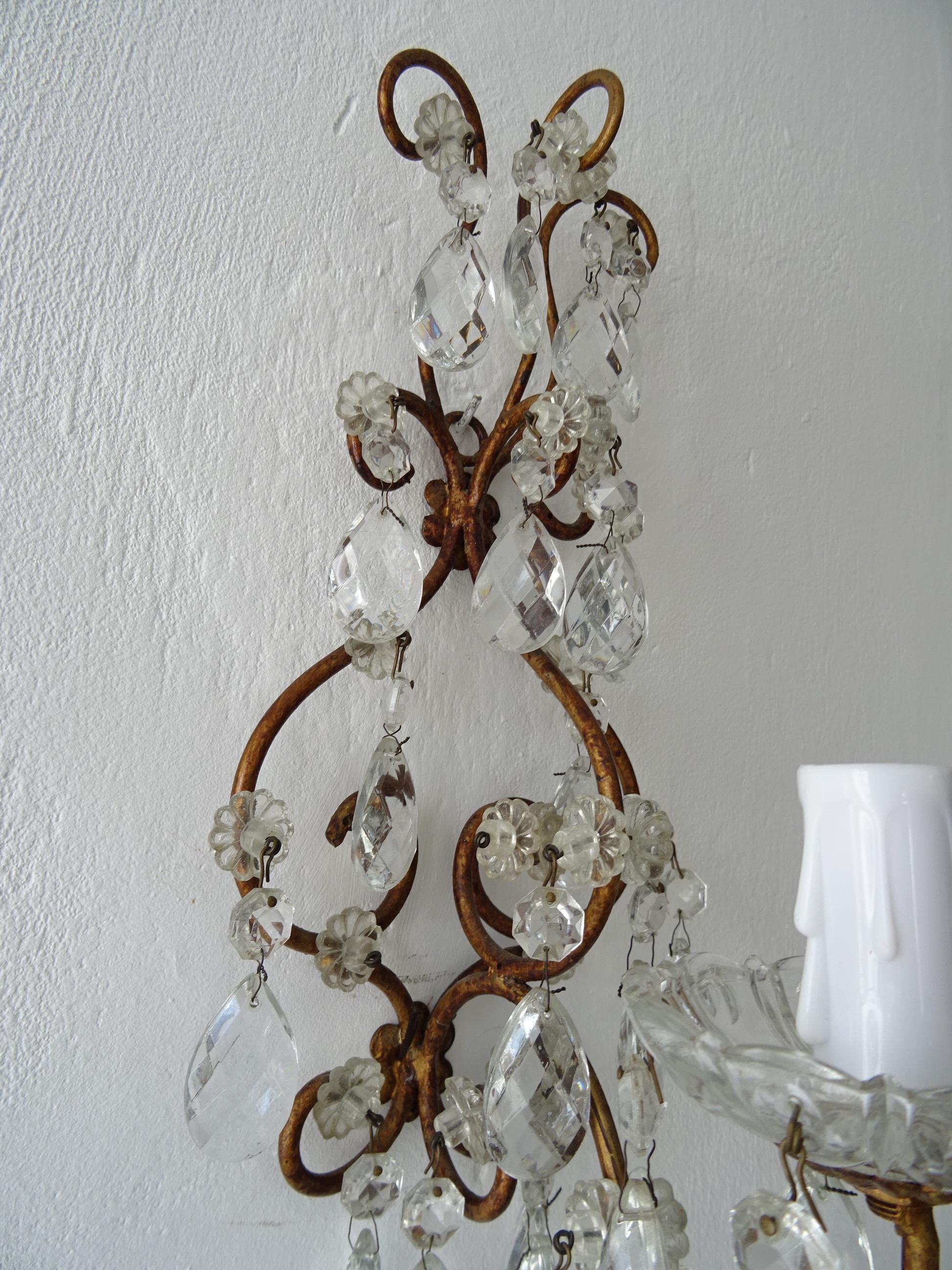 French Loaded Crystal Prisms Sconces, c 1920 For Sale 3