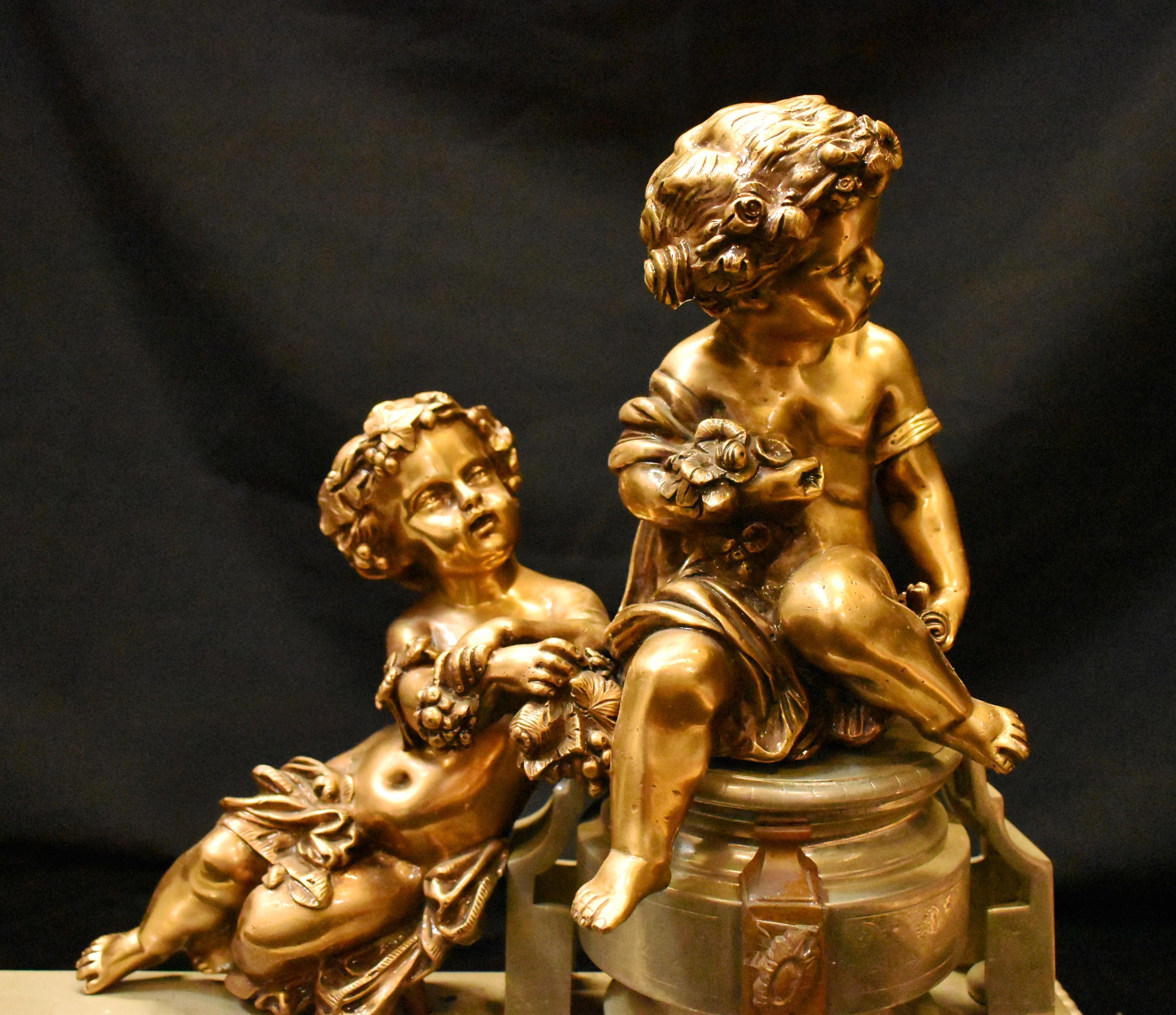 Bronze French Long Chenet Fire Fender with Putti, 19 Century For Sale