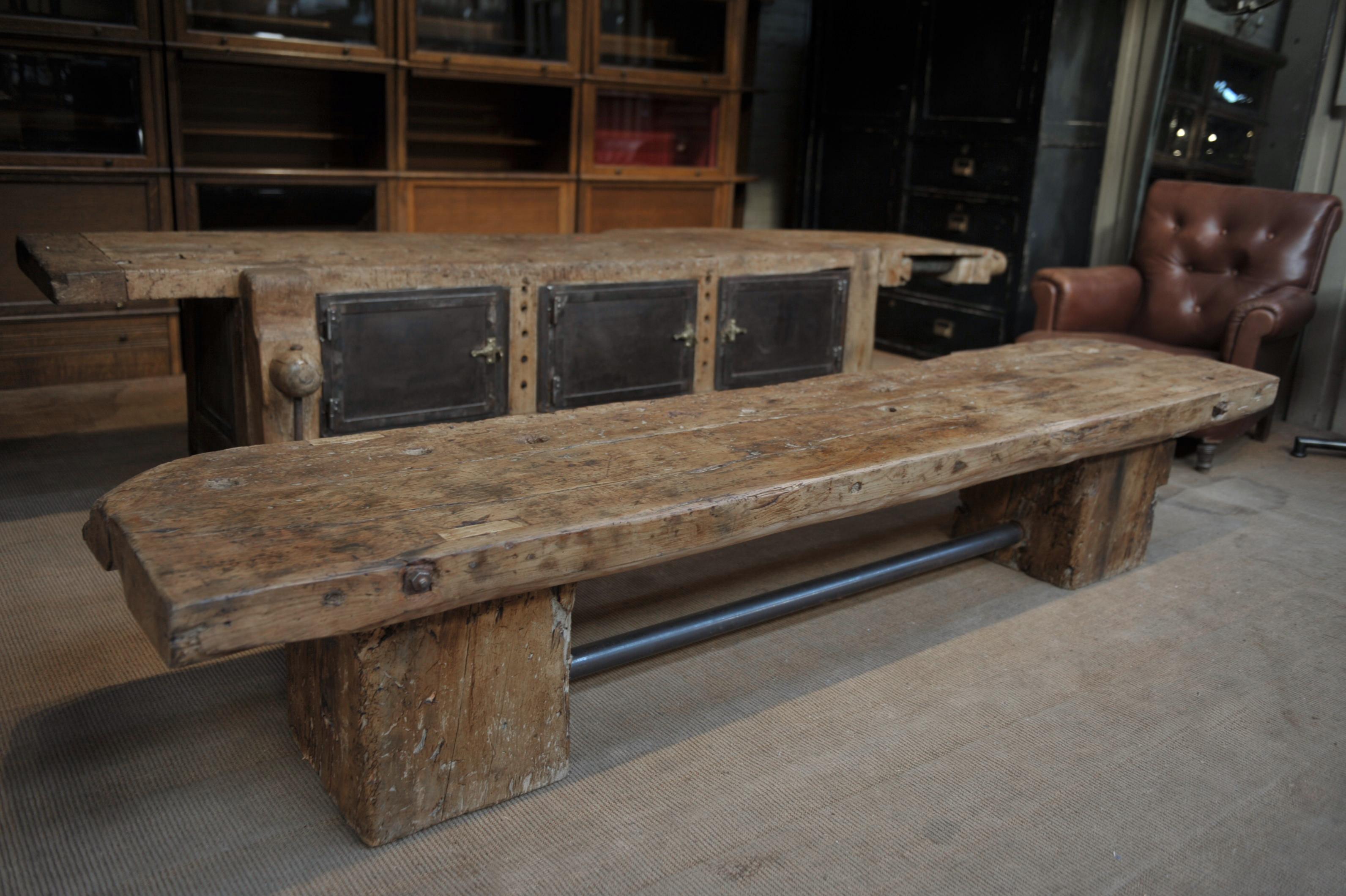 European French Long Coffee Table or Bench in Pine and Iron Wood circa 1930 with Iron For Sale