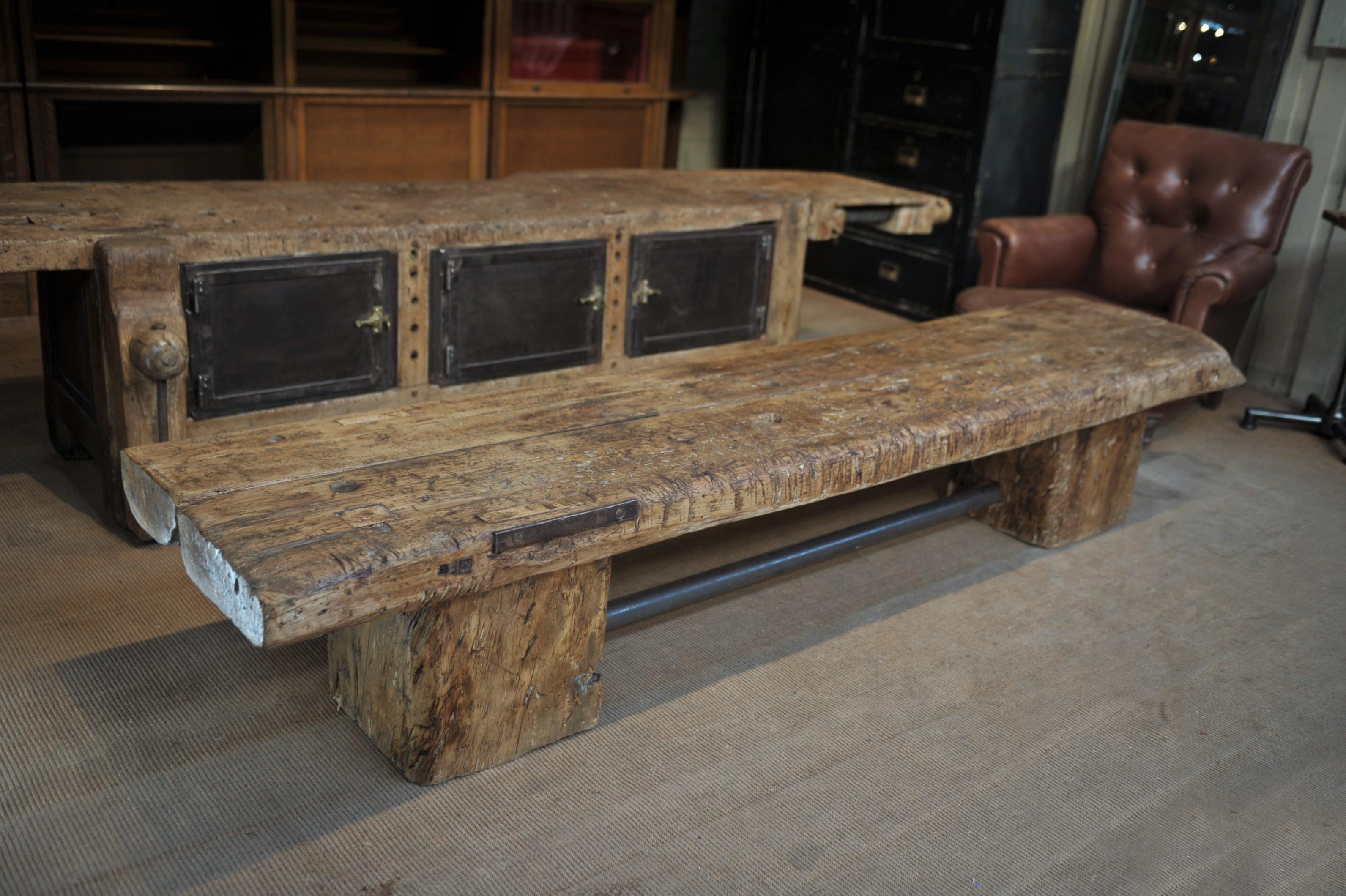 Mid-20th Century French Long Coffee Table or Bench in Pine and Iron Wood circa 1930 with Iron For Sale