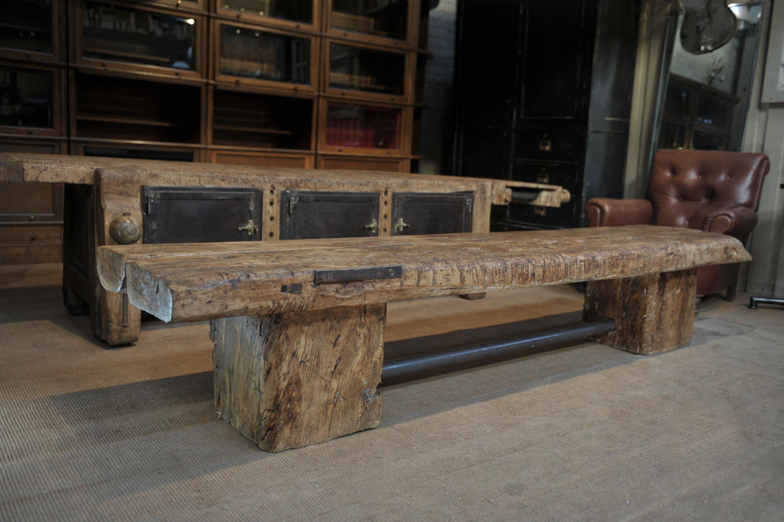 French Long Coffee Table or Bench in Pine and Iron Wood circa 1930 with Iron For Sale 2