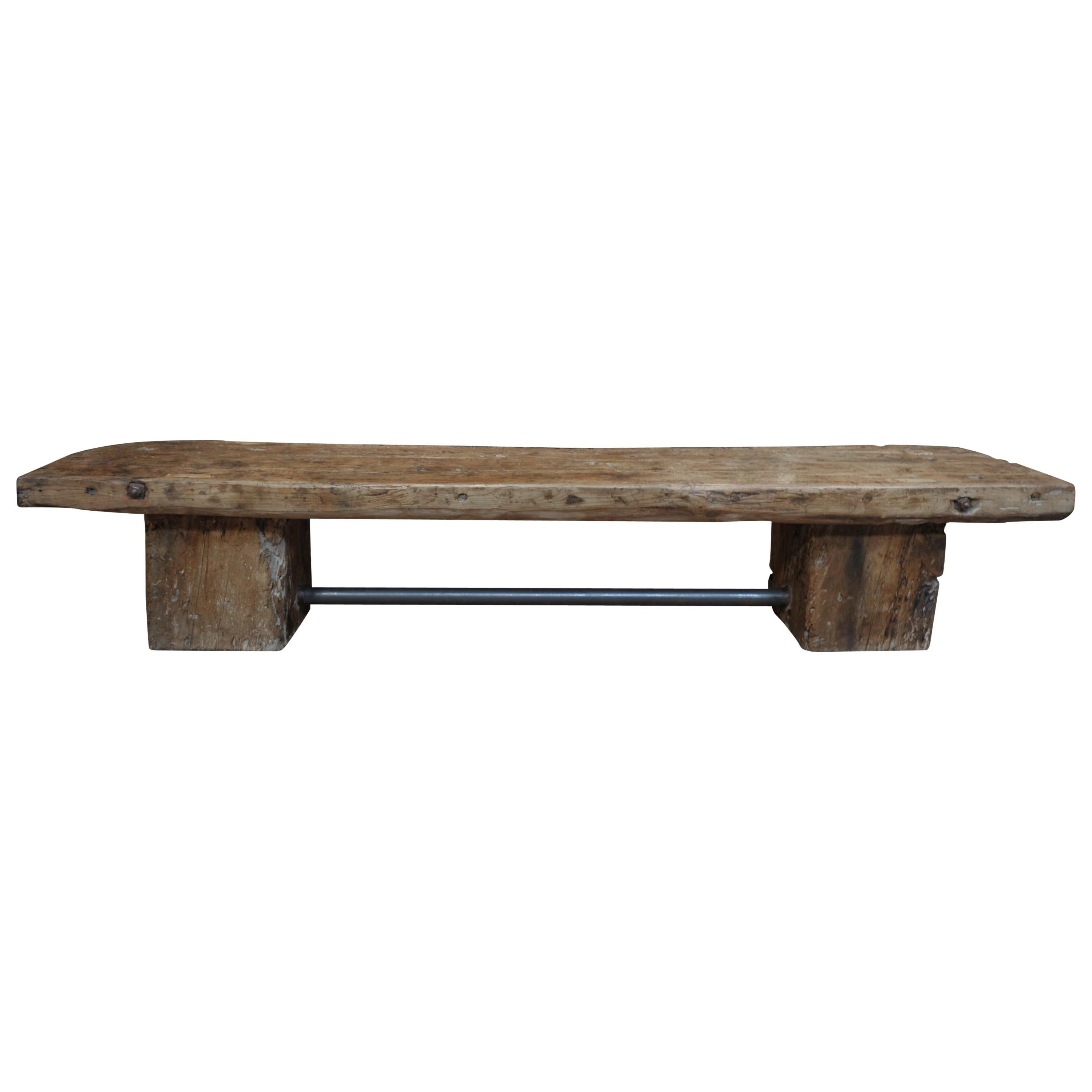 French Long Coffee Table or Bench in Pine and Iron Wood circa 1930 with Iron For Sale