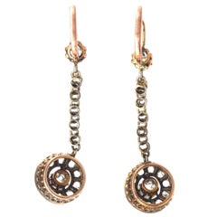 French Long Drop 18ct Gold Rose Cut Diamond Earrings, 19th Century