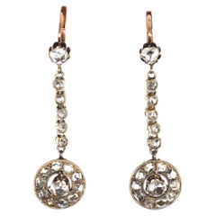 French Long Drop 18ct Gold Rose Cut Diamond Earrings, 19th Century