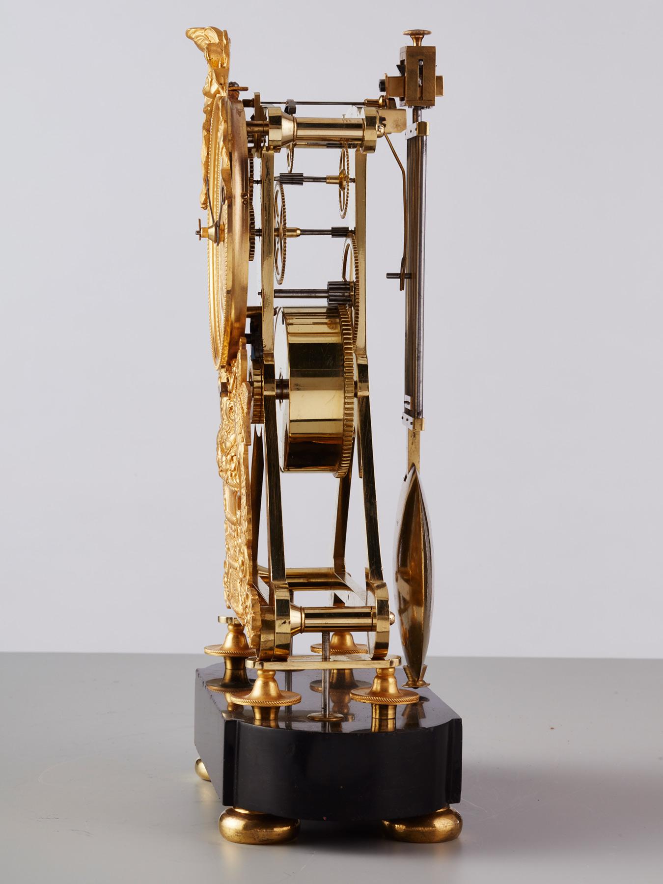 Gilt French long duration Skeleton Clock For Sale