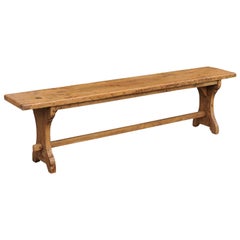 French Long Pine Bench with X-Form Legs and Stretcher from Early 20th Century