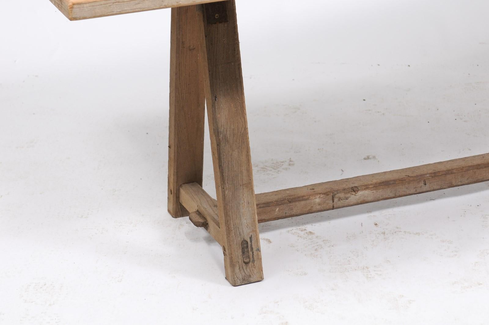 French Long Rustic Pine Établi Work Table from the 1920s with Pale Patina 6