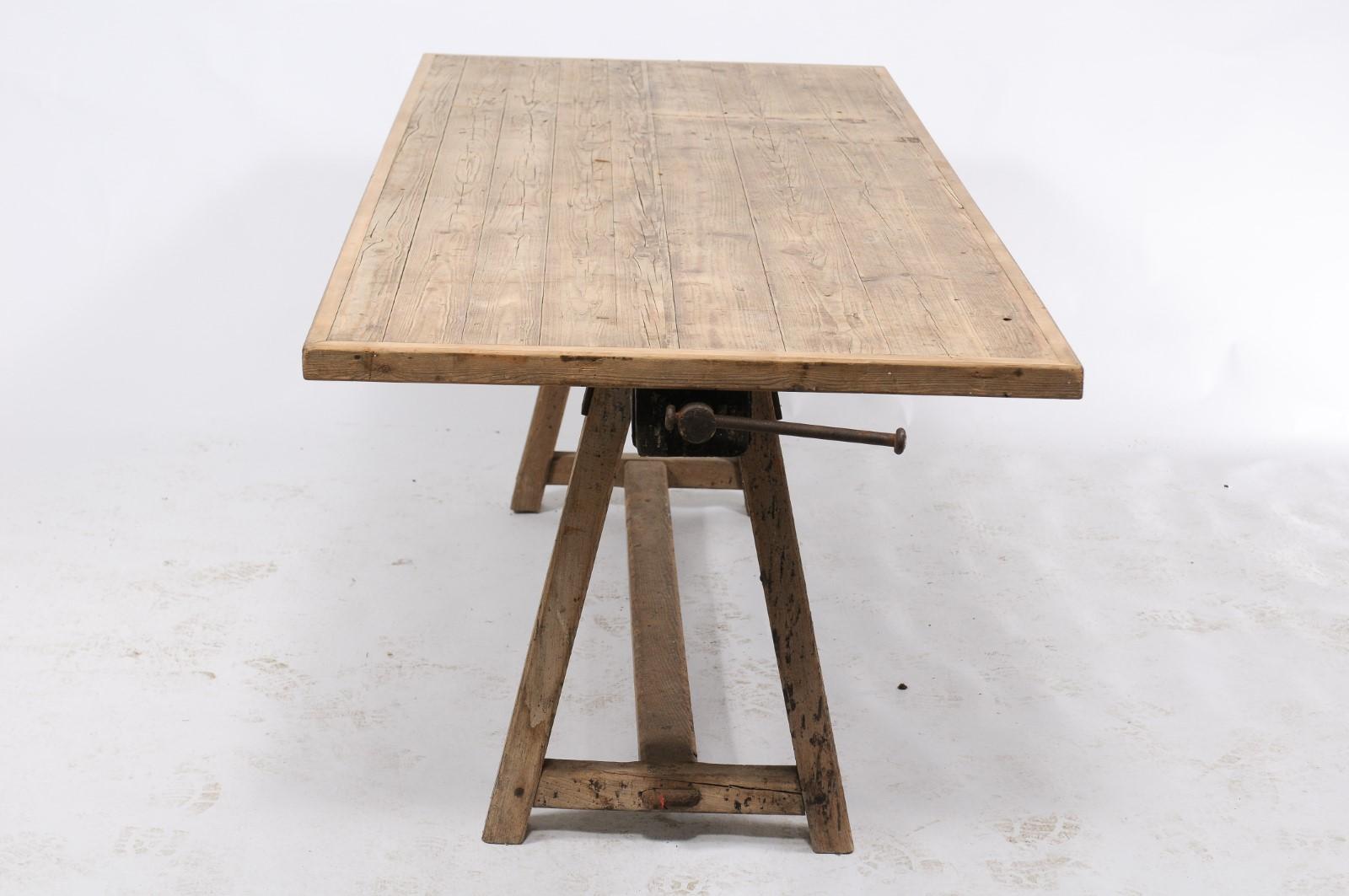 20th Century French Long Rustic Pine Établi Work Table from the 1920s with Pale Patina