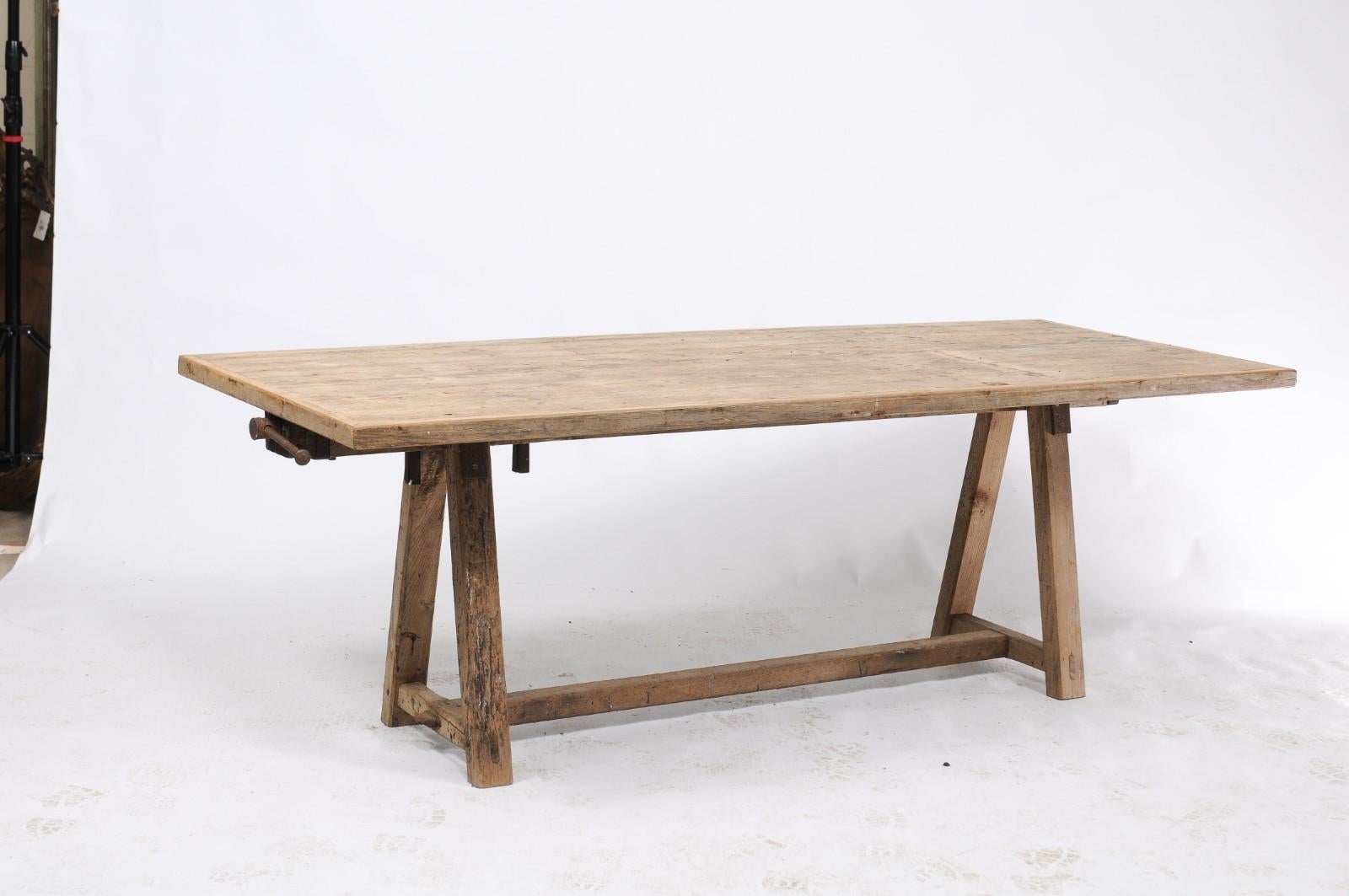 French Long Rustic Pine Établi Work Table from the 1920s with Pale Patina 1