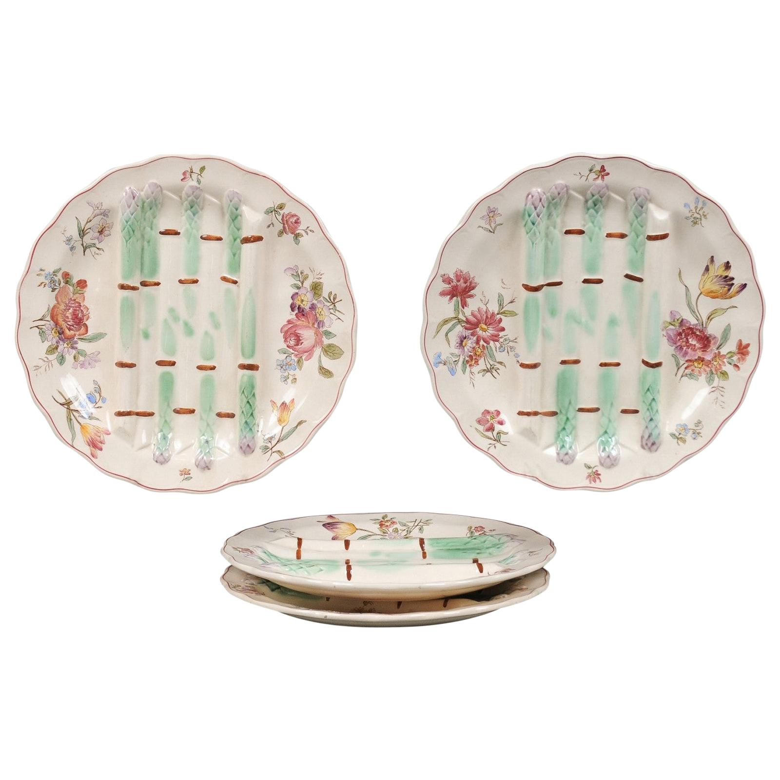 French Longchamp Pompadour Pattern Majolica Asparagus and Flower Plates For Sale