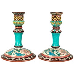 Antique French Longwy Ceramic Candlesticks, Pair of the 19th Century